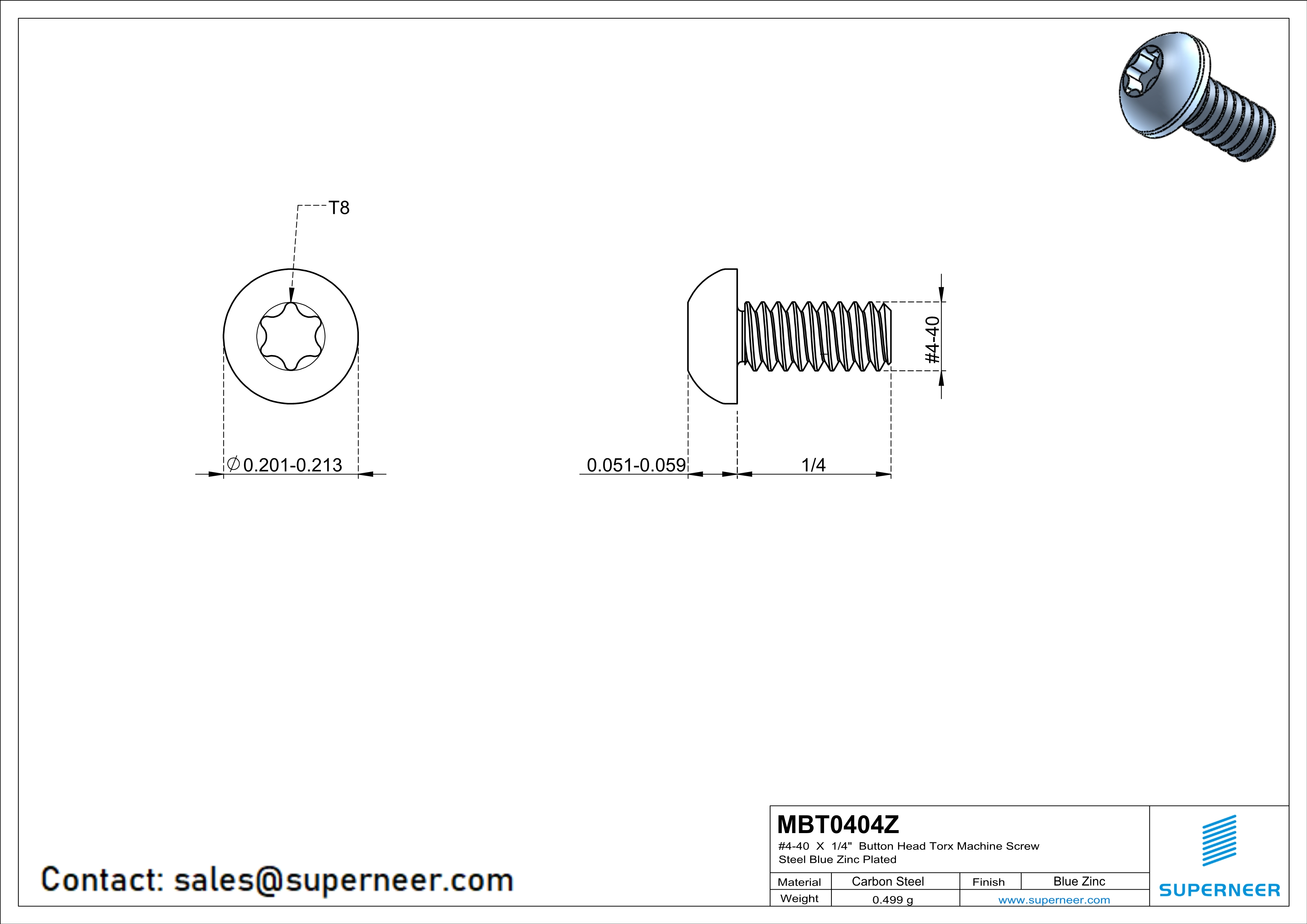 4-40 x 1/4" Button Head Torx Machine Screw Steel Blue Zinc Plated 