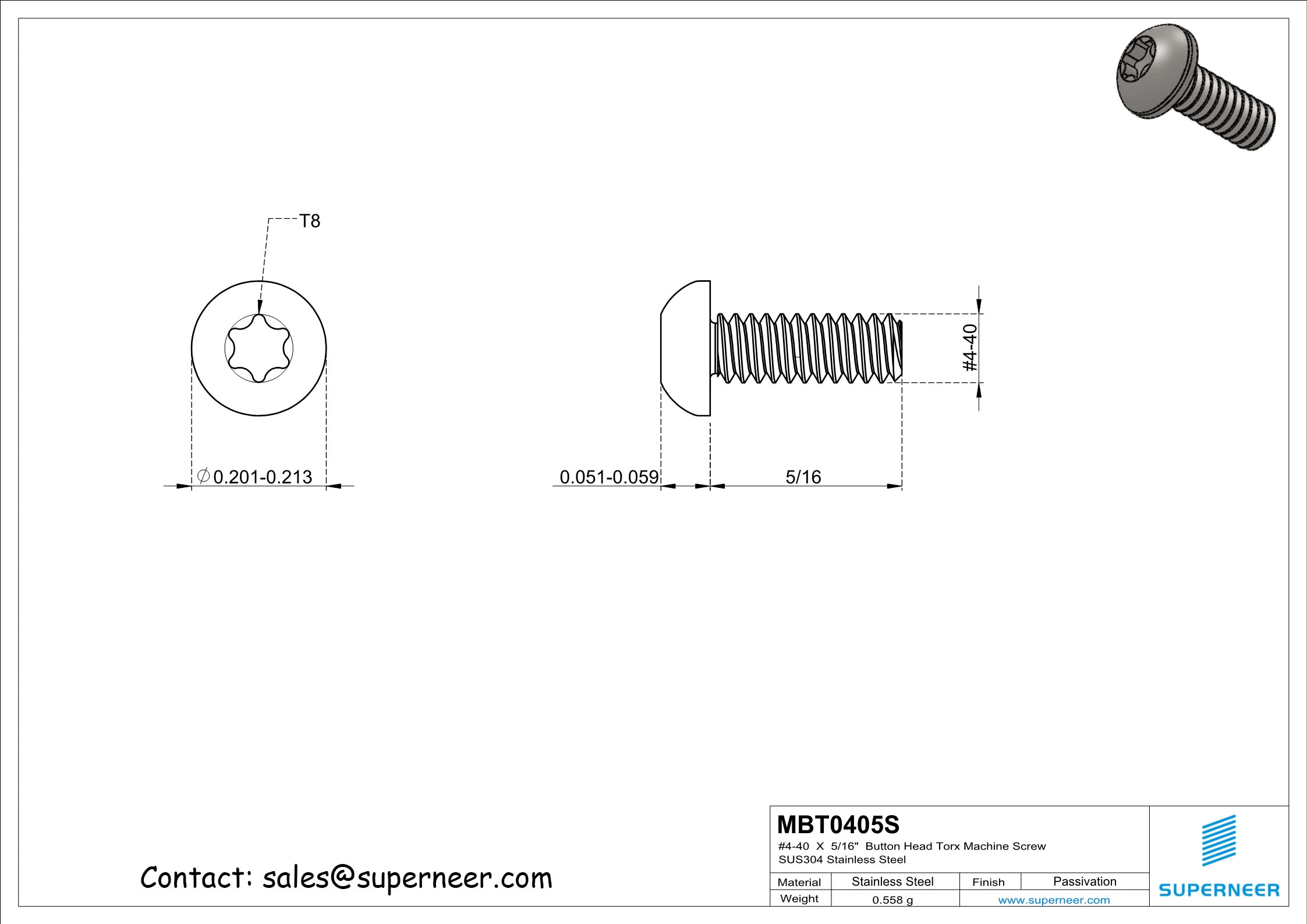 4-40  x 5/16"  Button Head Torx Machine Screw SUS304 Stainless Steel Inox 