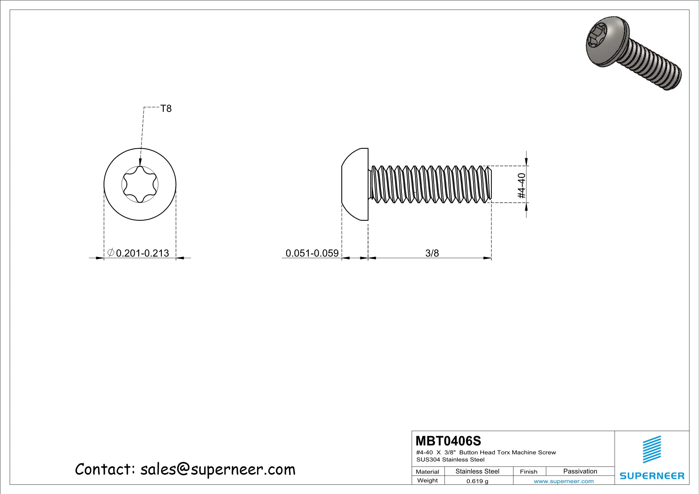 4-40  x 3/8"  Button Head Torx Machine Screw SUS304 Stainless Steel Inox 