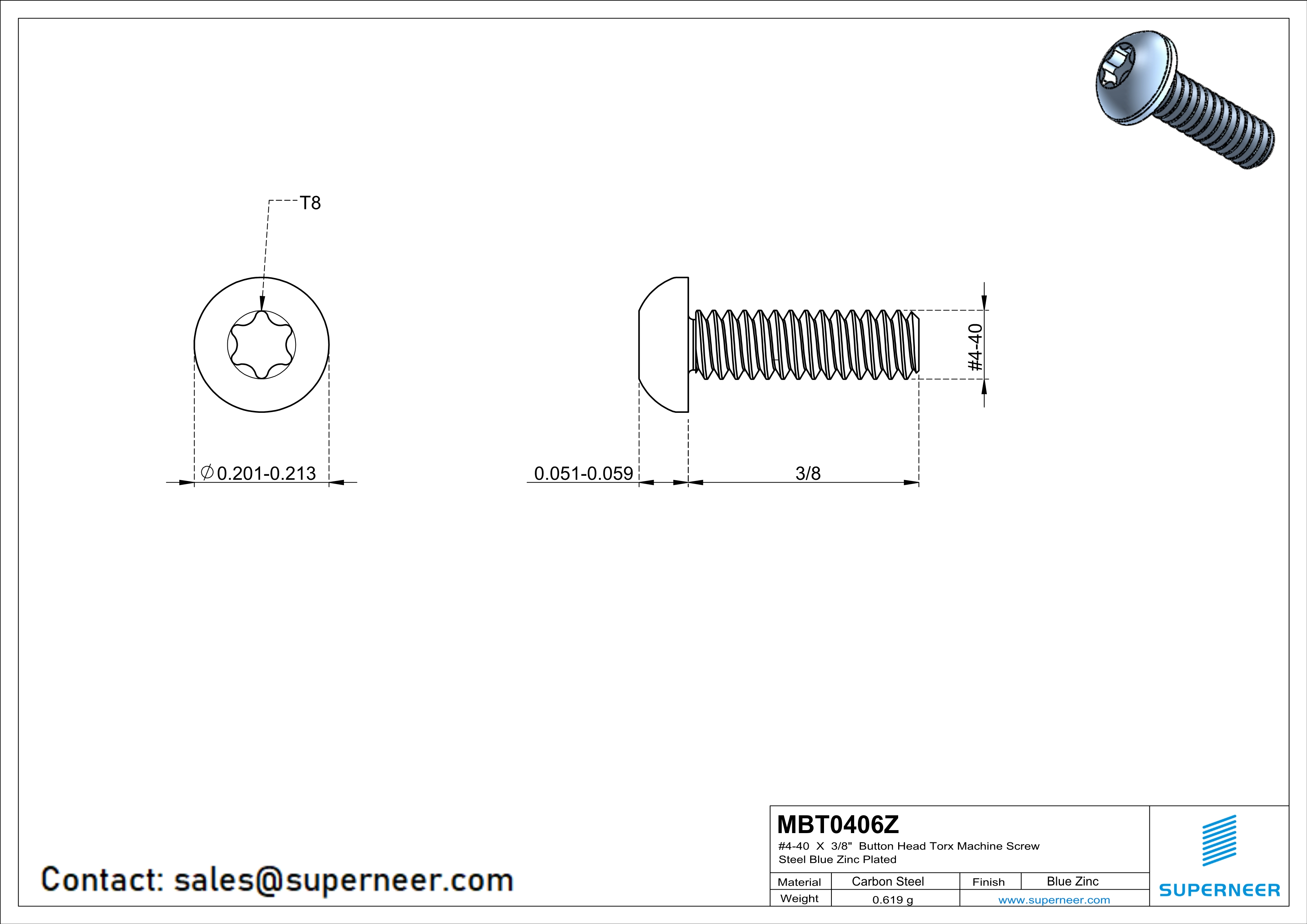 4-40 x 3/8" Button Head Torx Machine Screw Steel Blue Zinc Plated 
