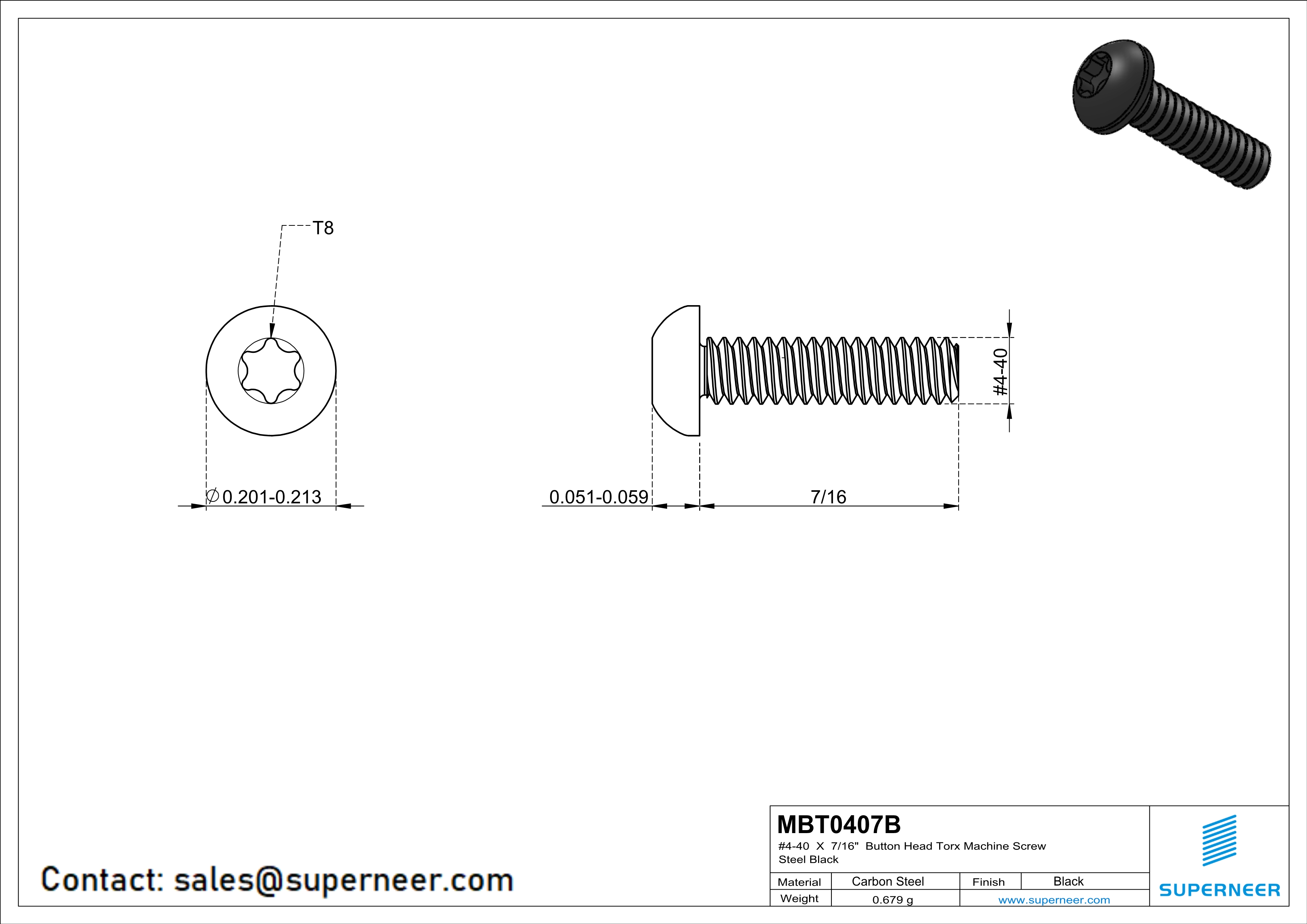 4-40 x 7/16“ Button Head Torx Machine Screw Steel Black 