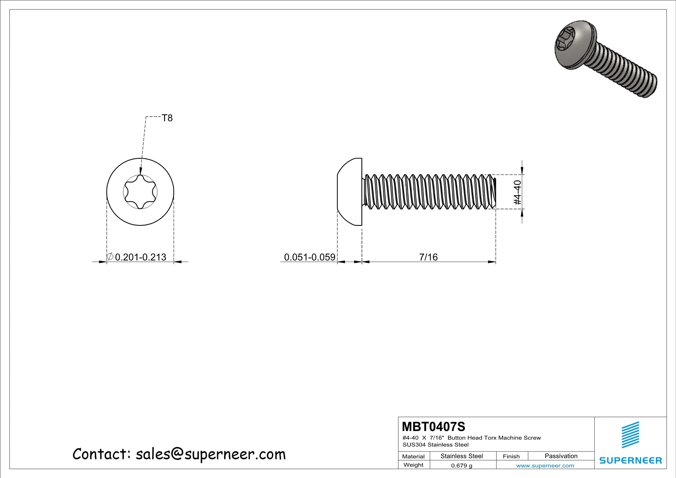 4-40  x 7/16“  Button Head Torx Machine Screw SUS304 Stainless Steel Inox 