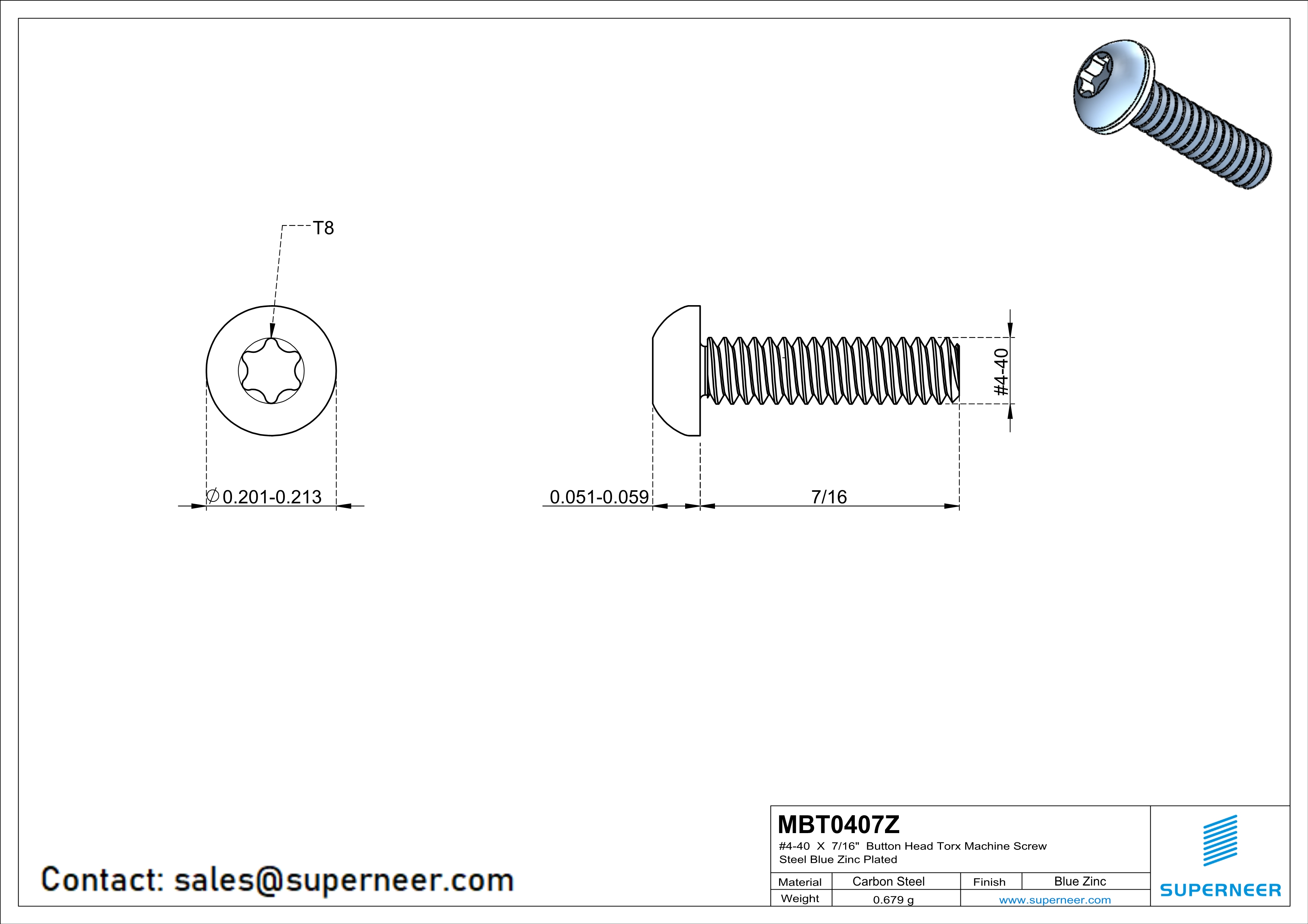 4-40 x 7/16“ Button Head Torx Machine Screw Steel Blue Zinc Plated 