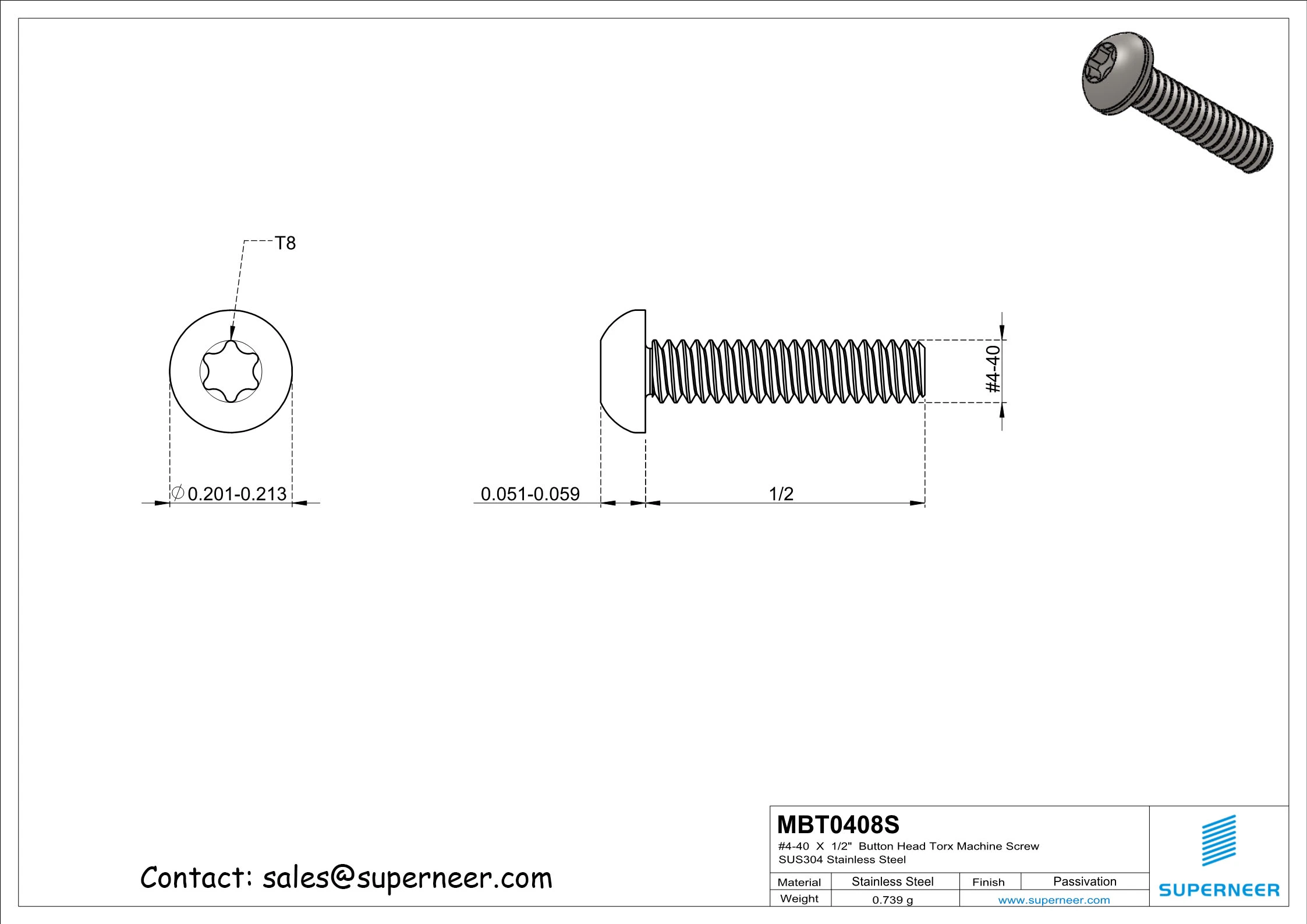 4-40  x 1/2“  Button Head Torx Machine Screw SUS304 Stainless Steel Inox 