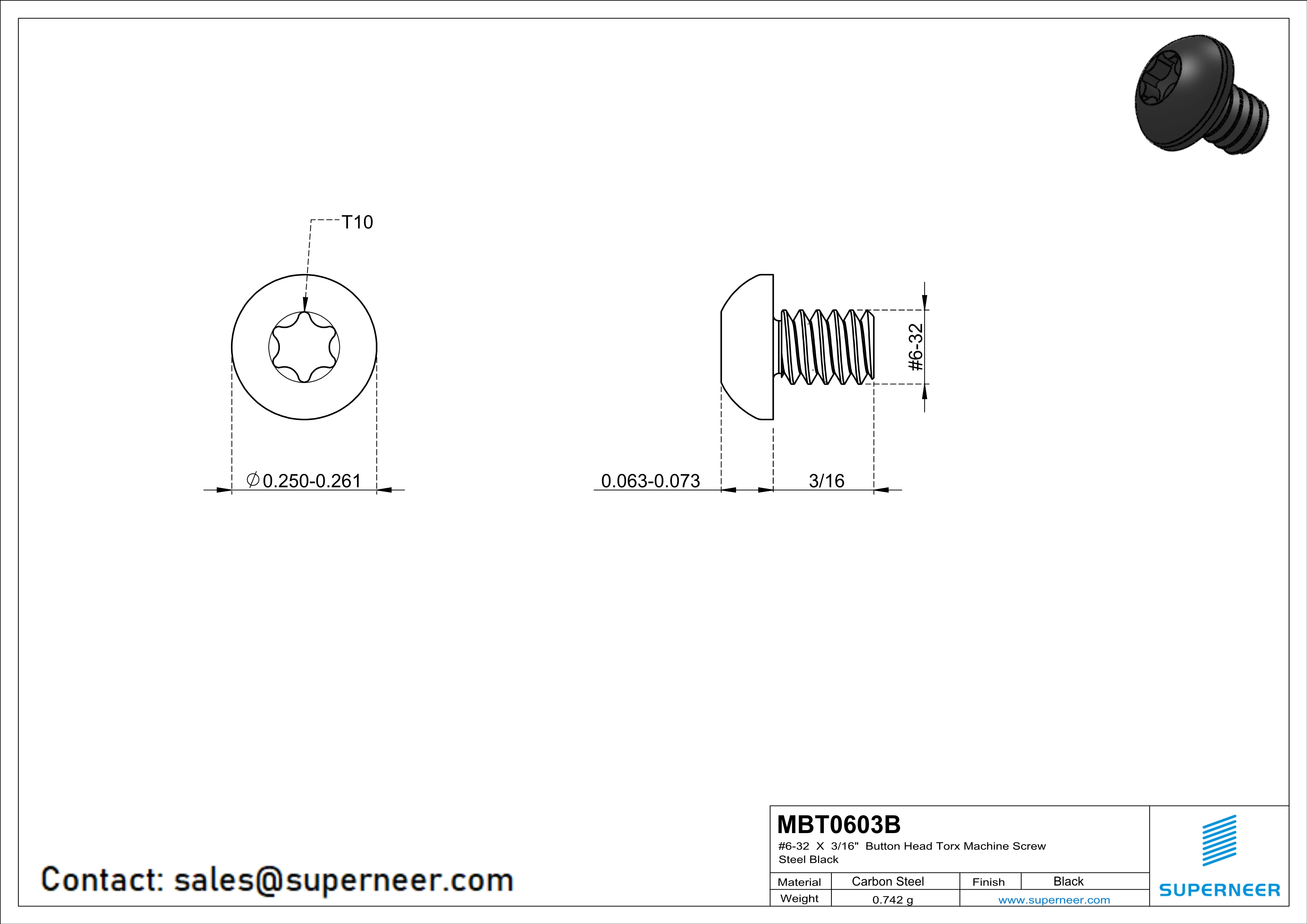 6-32 x 3/16" Button Head Torx Machine Screw Steel Black 