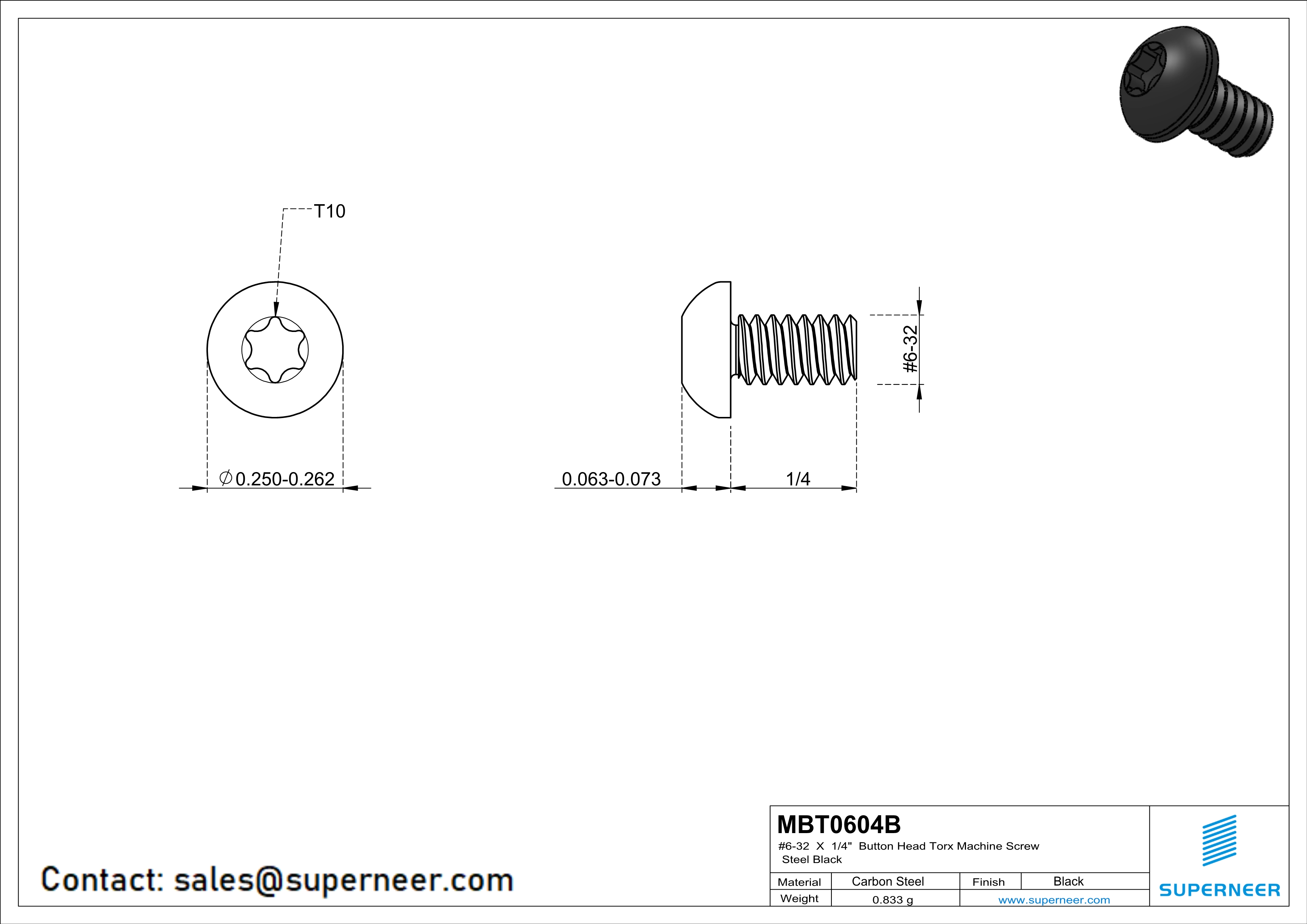 6-32 x 1/4" Button Head Torx Machine Screw Steel Black 