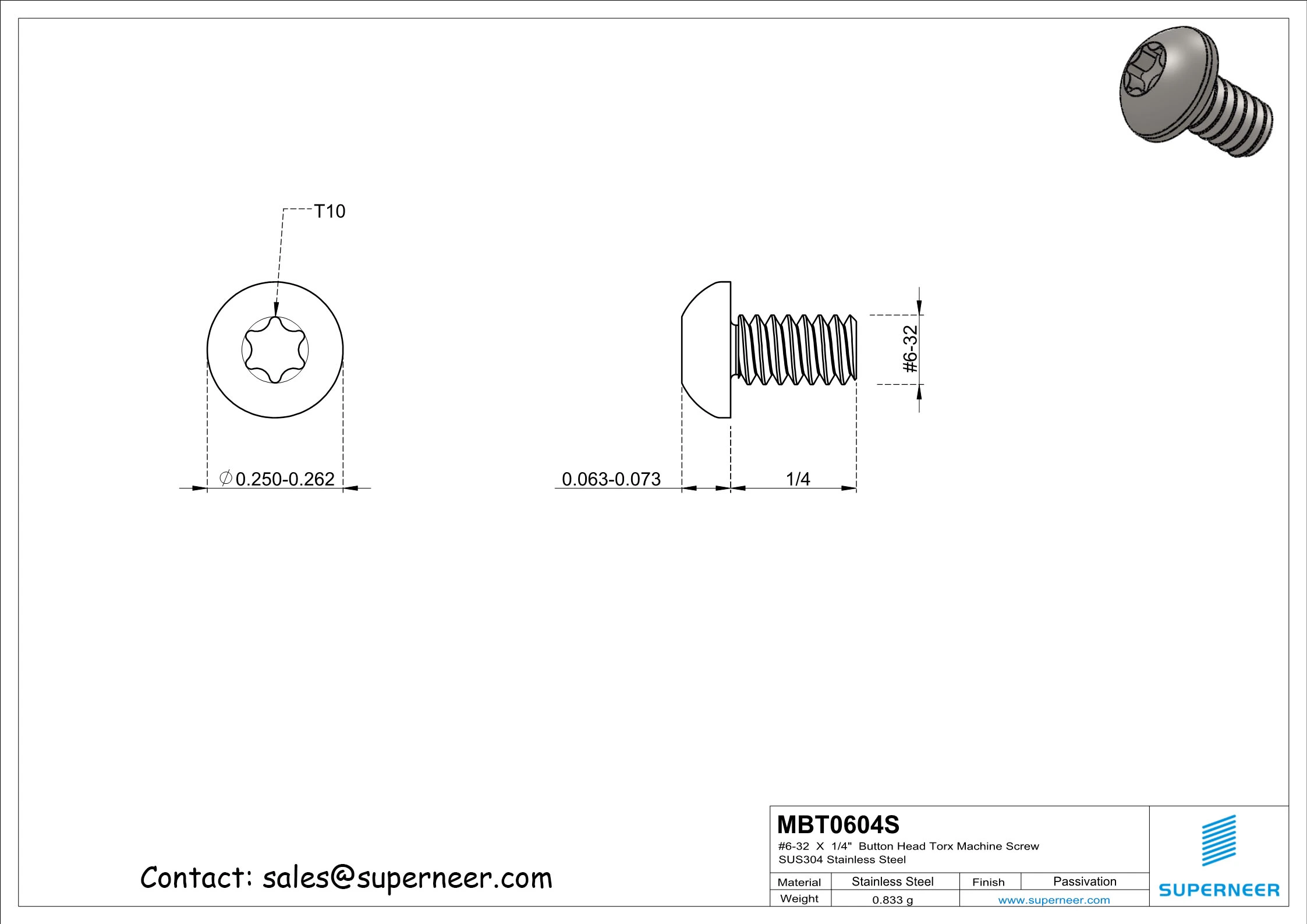 6-32 x 1/4"  Button Head Torx Machine Screw SUS304 Stainless Steel Inox 