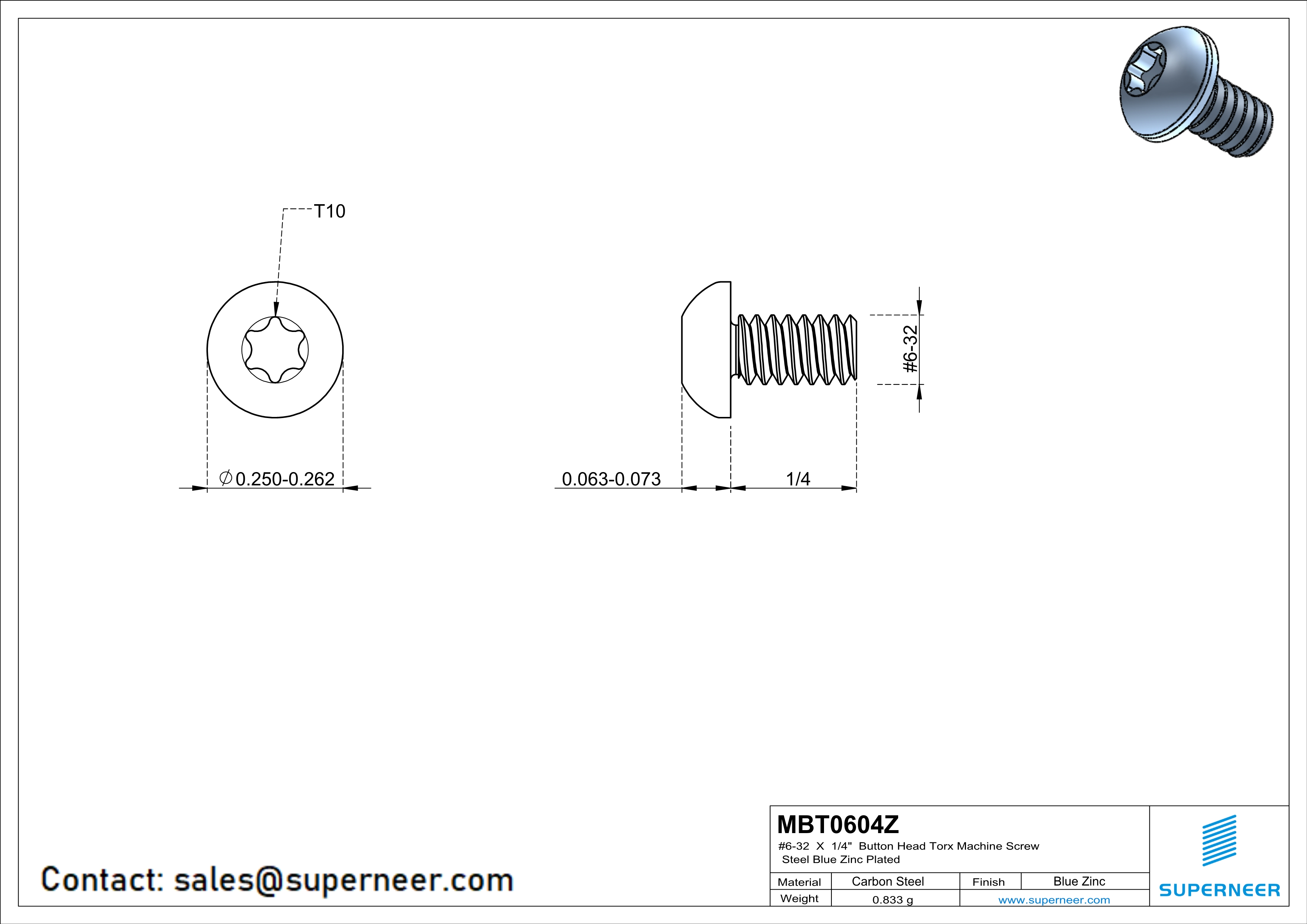 6-32 x 1/4" Button Head Torx Machine Screw Steel Blue Zinc Plated 