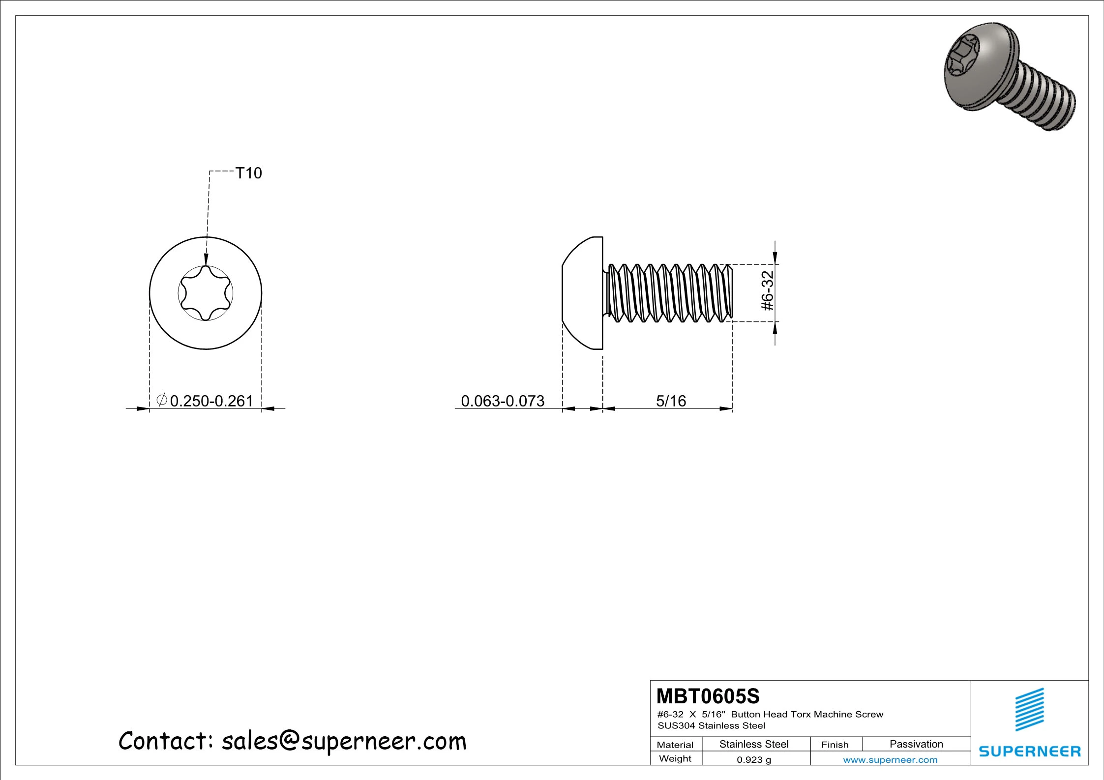 6-32  x 5/16"  Button Head Torx Machine Screw SUS304 Stainless Steel Inox 