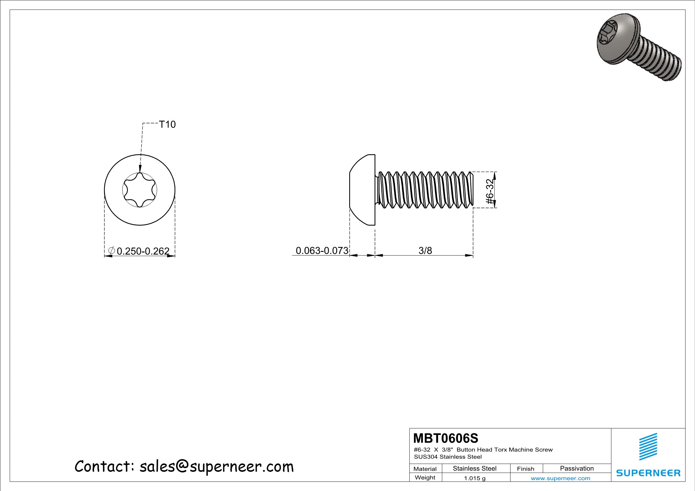 6-32  x 3/8"  Button Head Torx Machine Screw SUS304 Stainless Steel Inox 