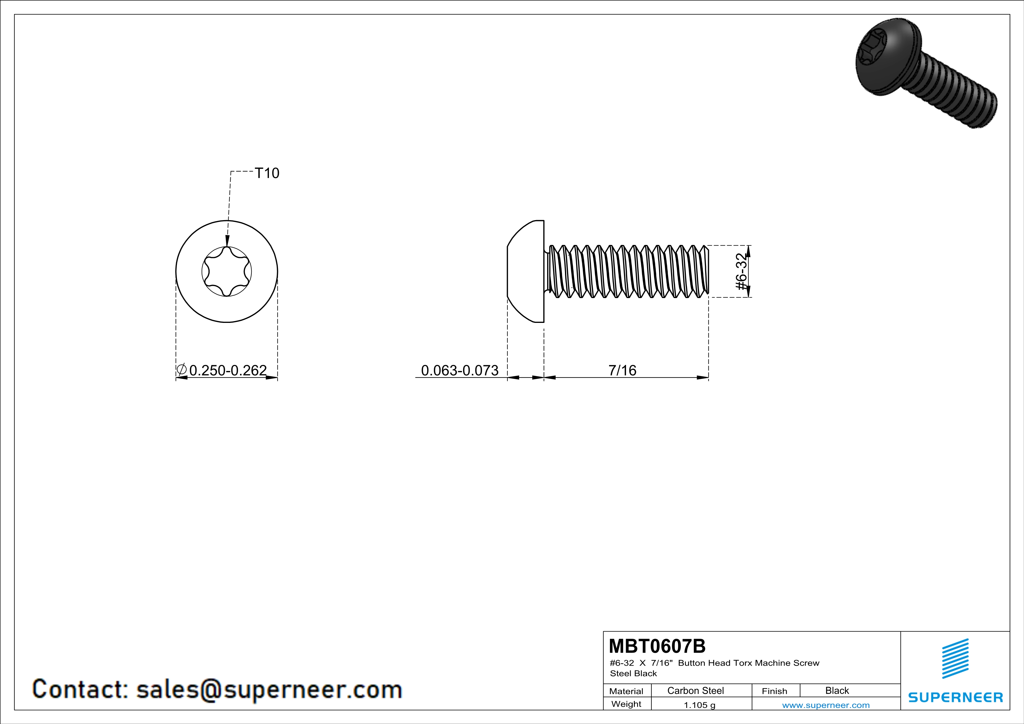 6-32 x 7/16“ Button Head Torx Machine Screw Steel Black 