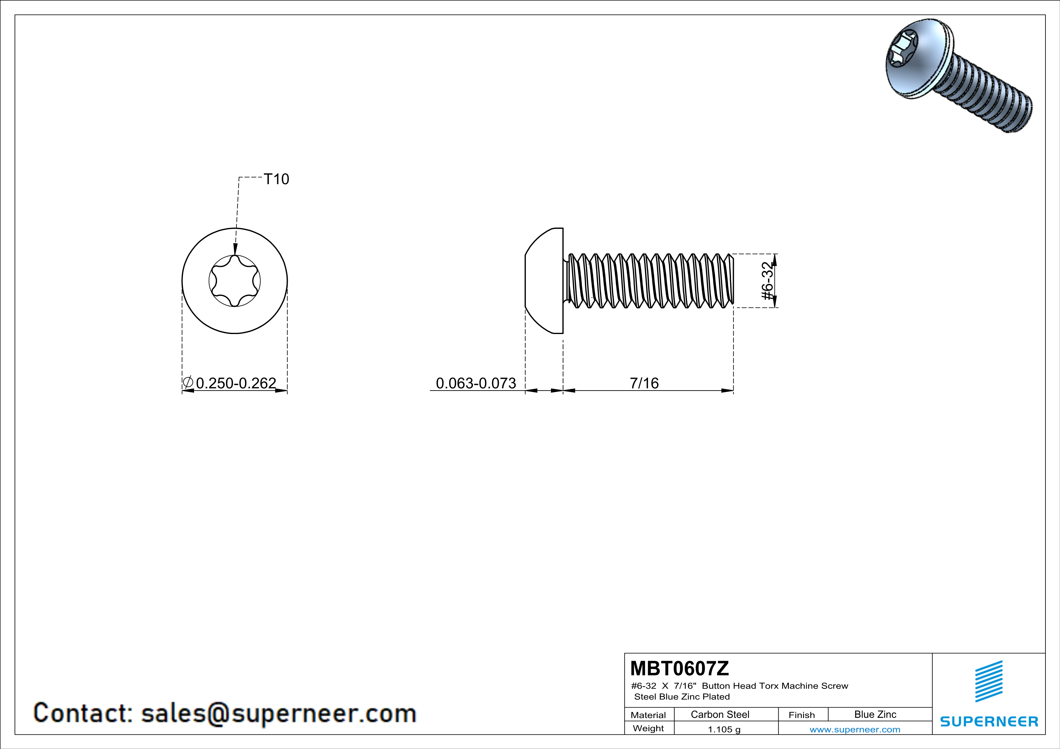 6-32 x 7/16“ Button Head Torx Machine Screw Steel Blue Zinc Plated 