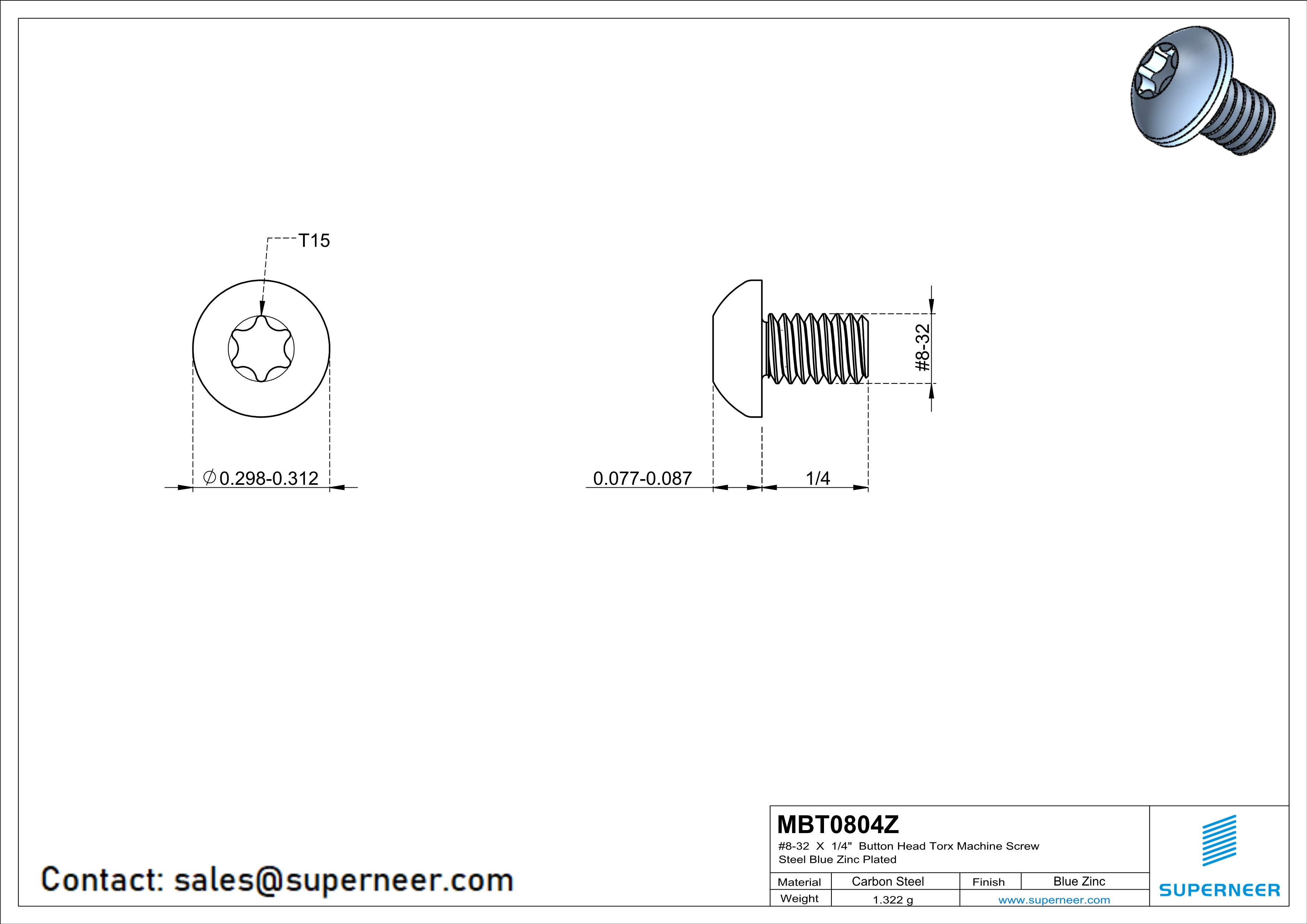 8-32 x 1/4" Button Head Torx Machine Screw Steel Blue Zinc Plated 