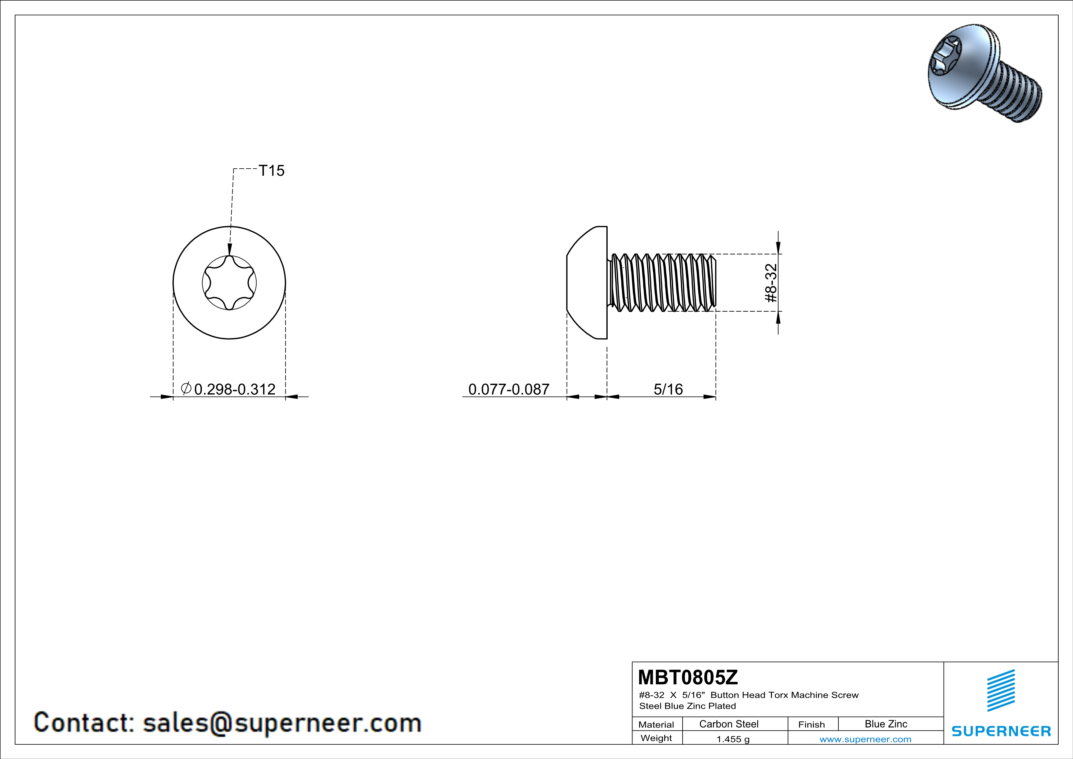 8-32 x 5/16" Button Head Torx Machine Screw Steel Blue Zinc Plated 