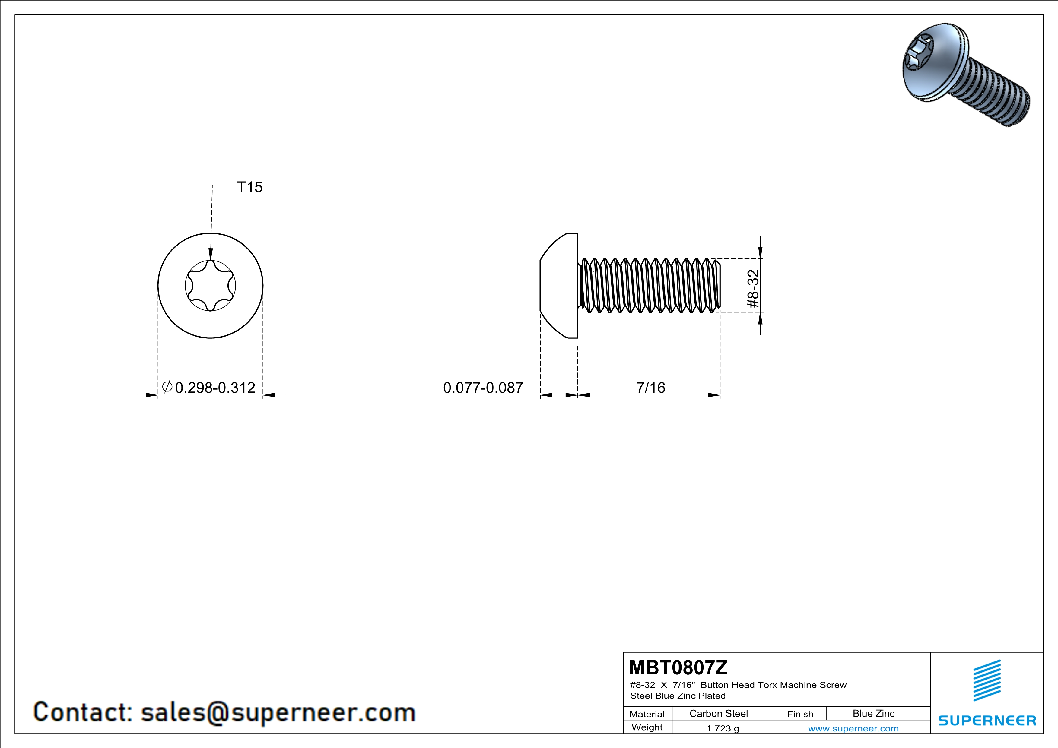 8-32 x 7/16“ Button Head Torx Machine Screw Steel Blue Zinc Plated 