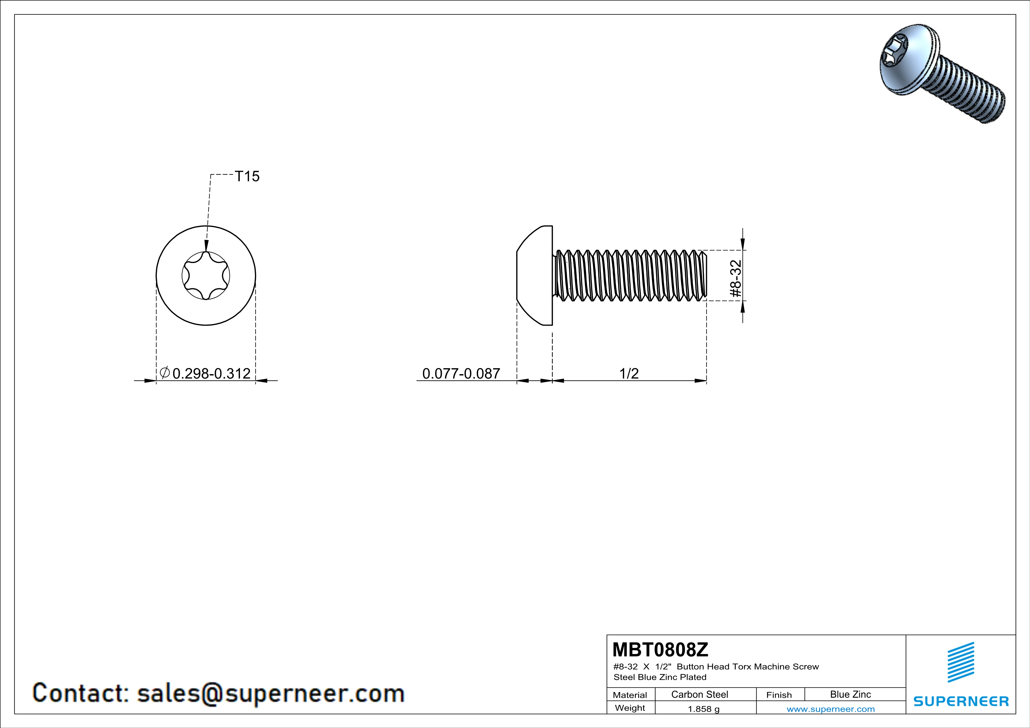 8-32 x 1/2" Button Head Torx Machine Screw Steel Blue Zinc Plated 