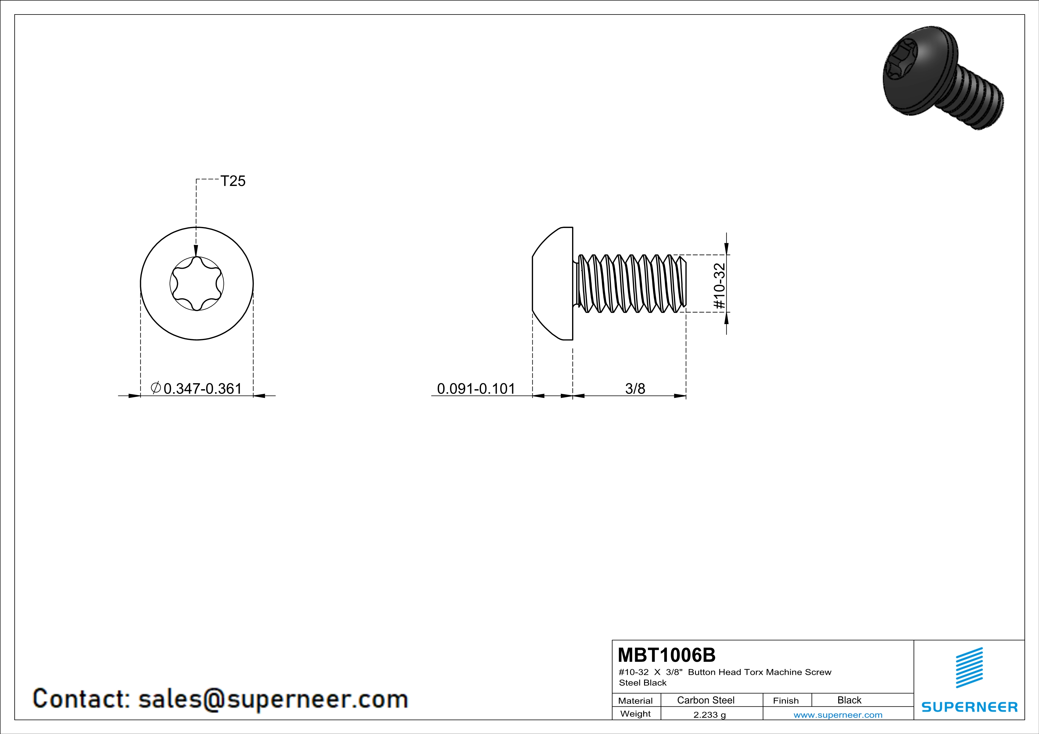 10-32 x 3/8" Button Head Torx Machine Screw Steel Black 