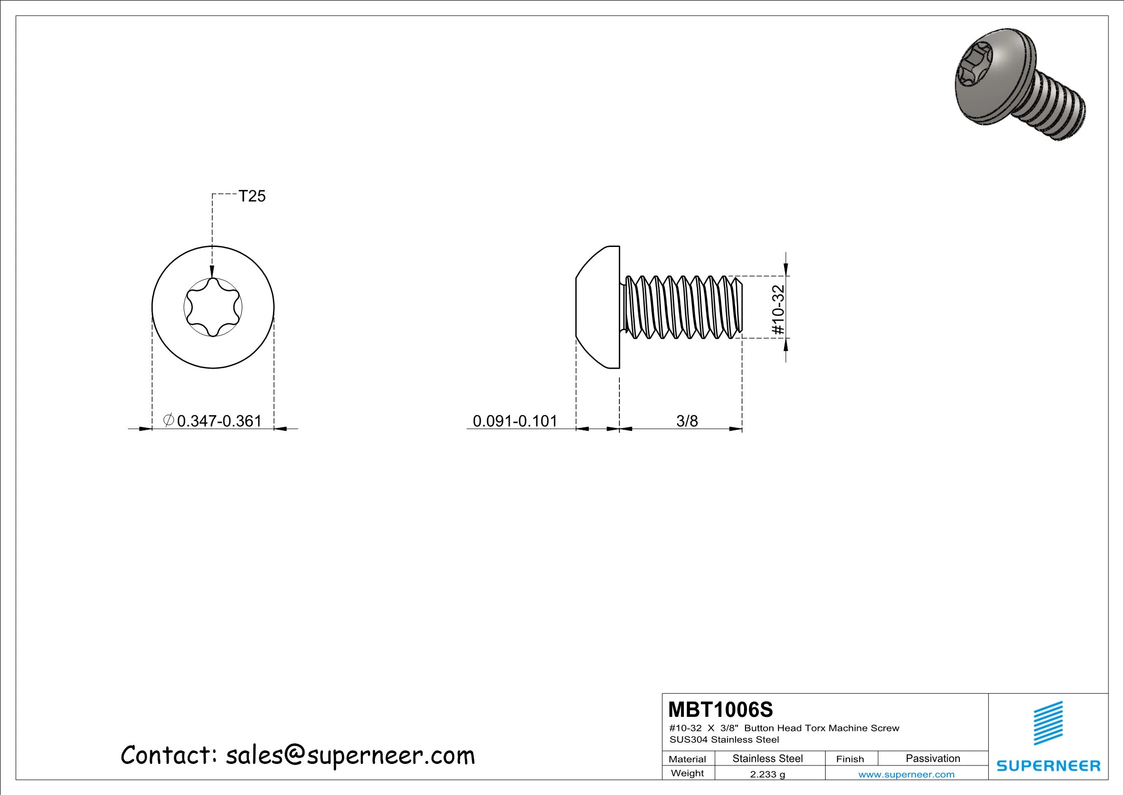 10-32  x 3/8"  Button Head Torx Machine Screw SUS304 Stainless Steel Inox 