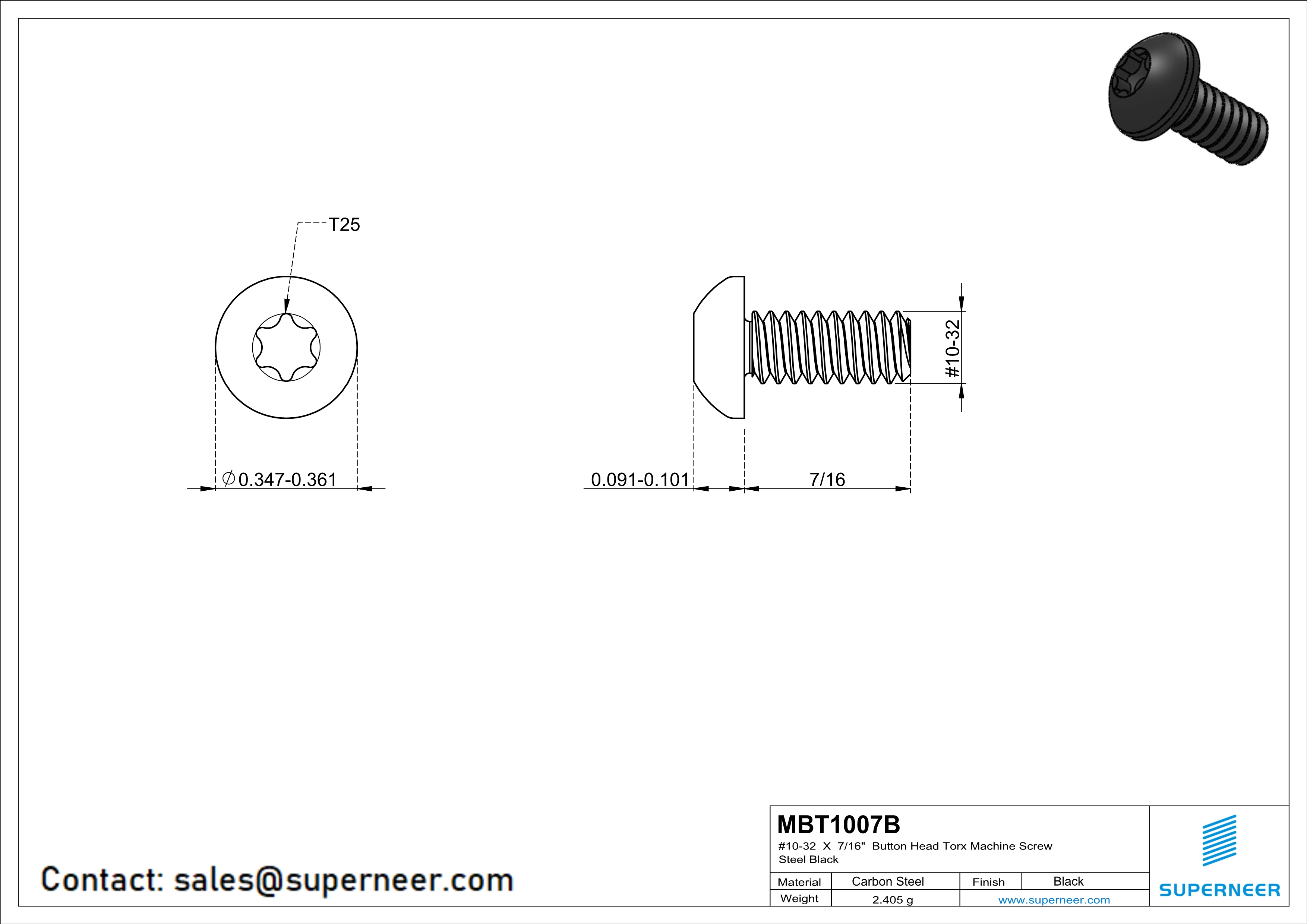 10-32 x 7/16“ Button Head Torx Machine Screw Steel Black 