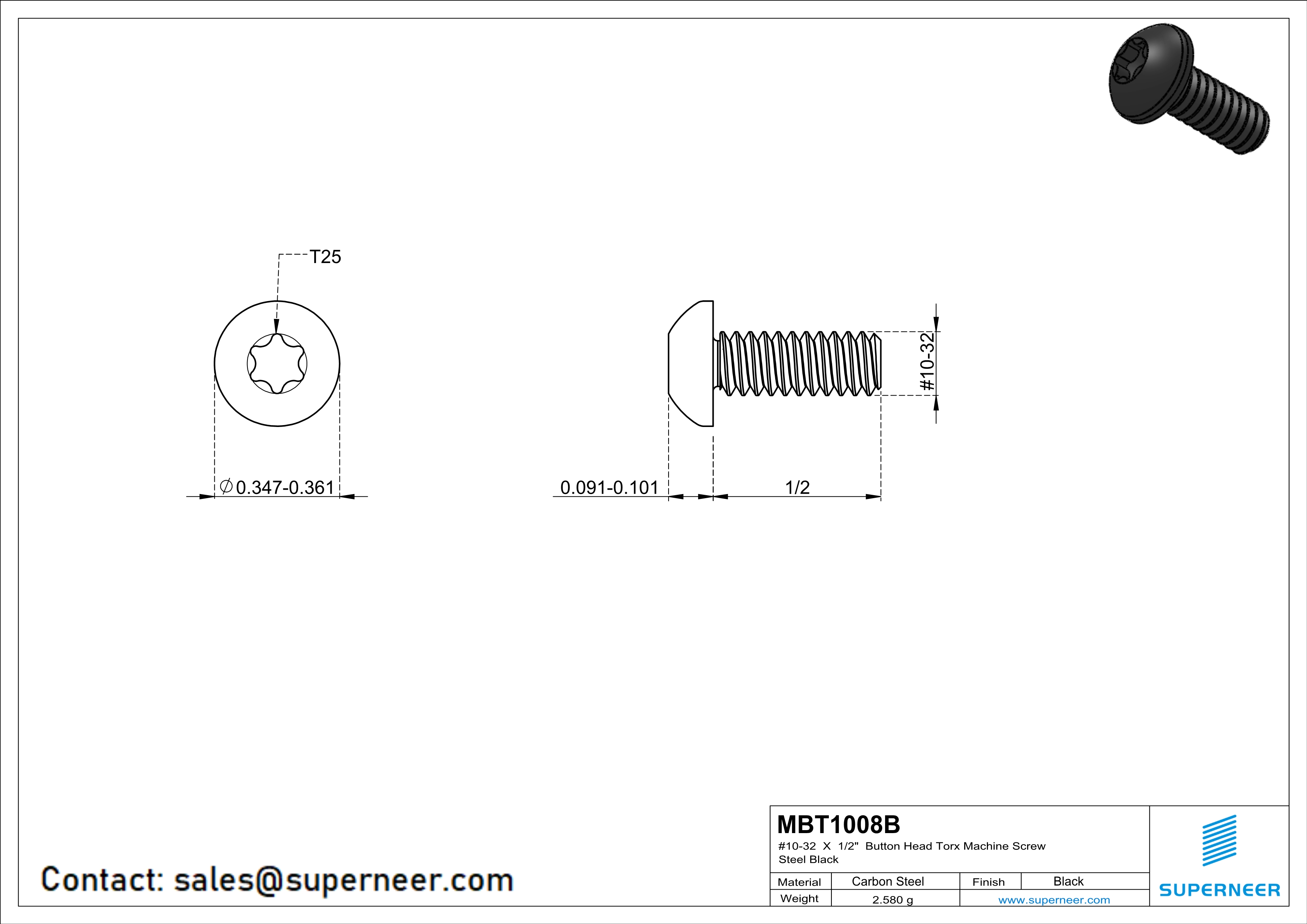 10-32 x 1/2" Button Head Torx Machine Screw Steel Black 