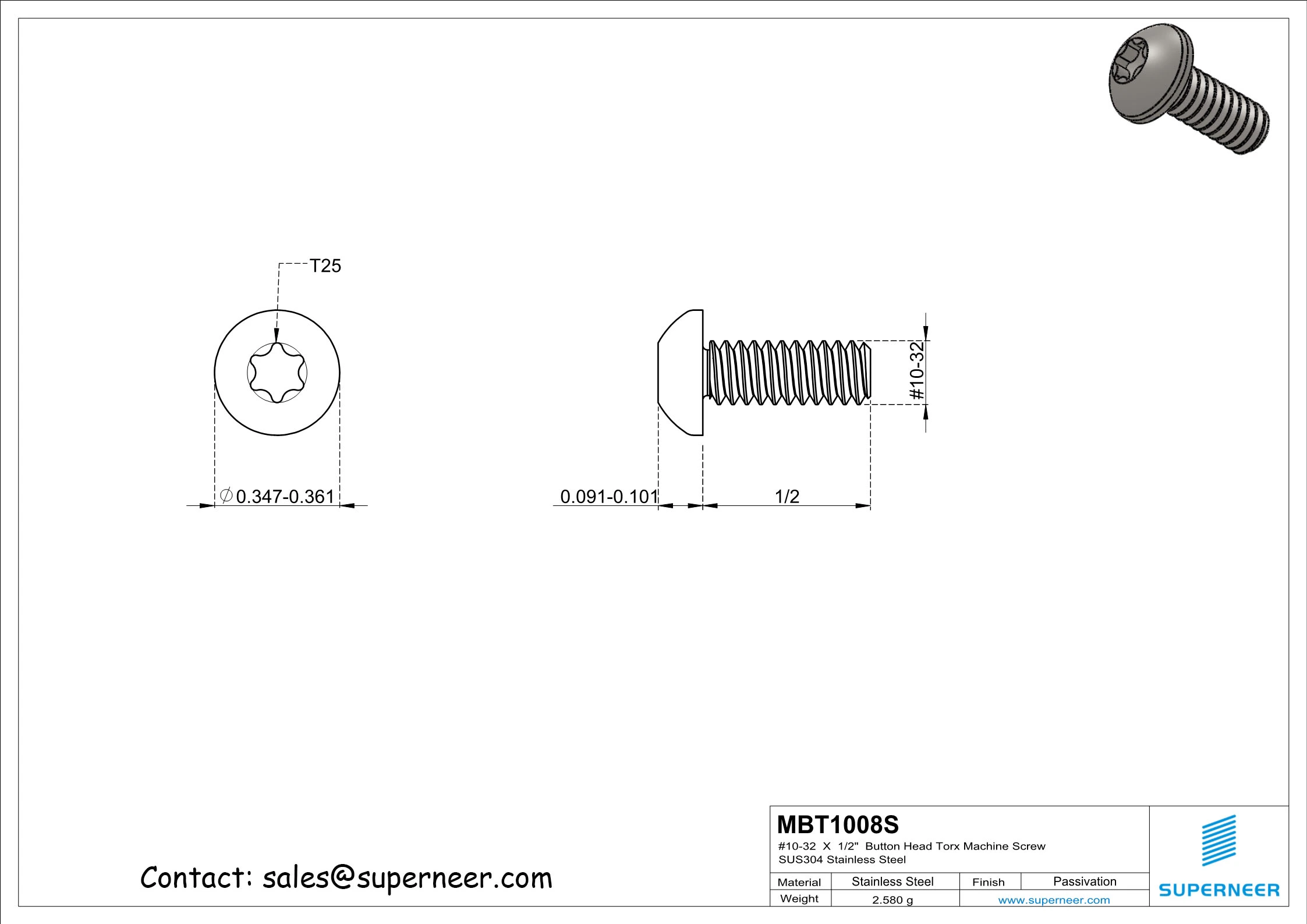 10-32  x 1/2"  Button Head Torx Machine Screw SUS304 Stainless Steel Inox 