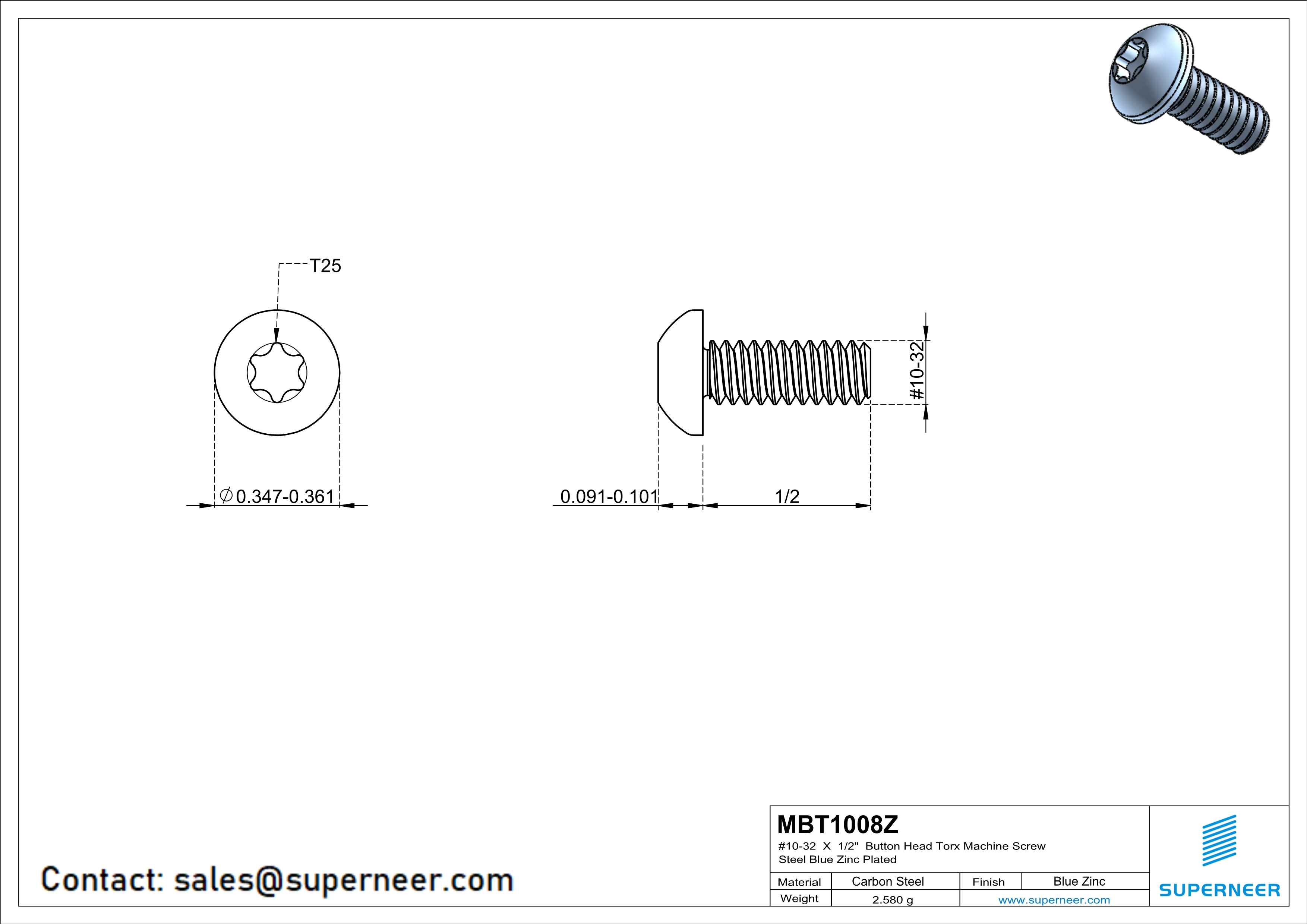 10-32 x 1/2" Button Head Torx Machine Screw Steel Blue Zinc Plated 