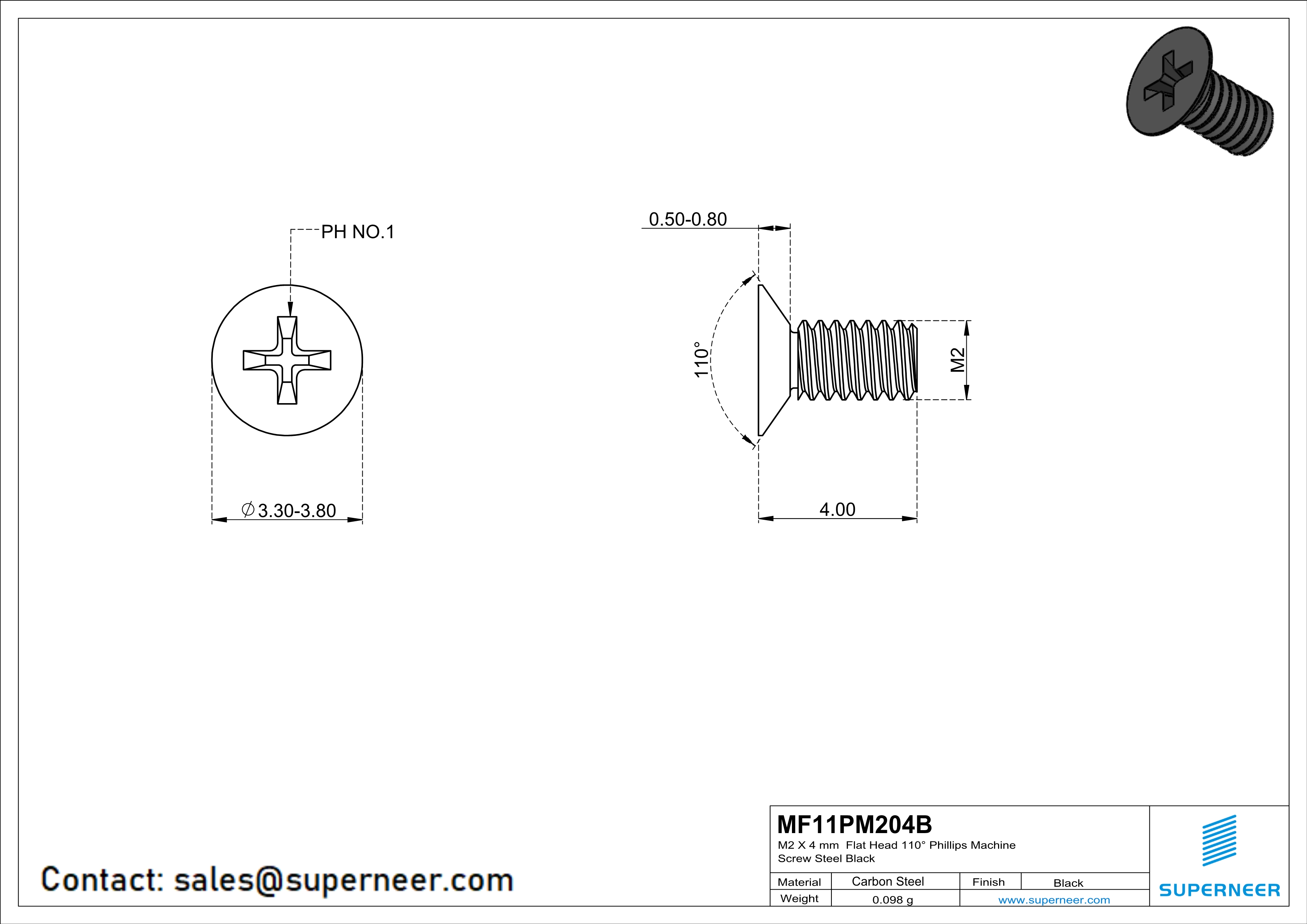 M2 x 4 mm Flat Head 110° Phillips Machine Screw Steel Black