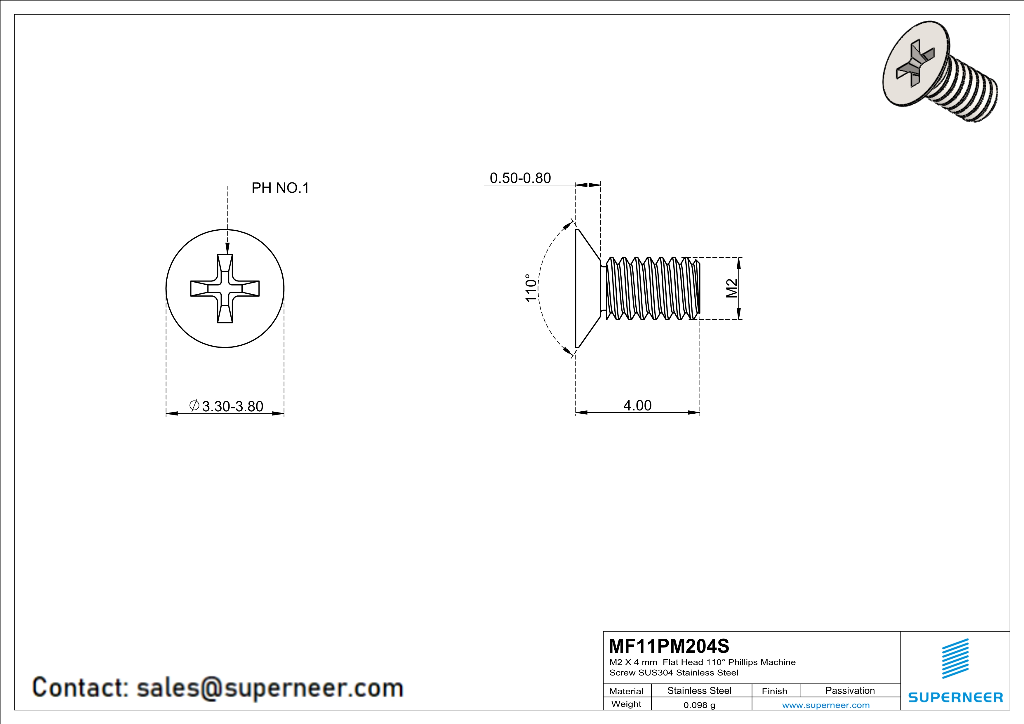 M2 x 4 mm  Flat Head 110° Phillips Machine Screw SUS304 Stainless Steel Inox