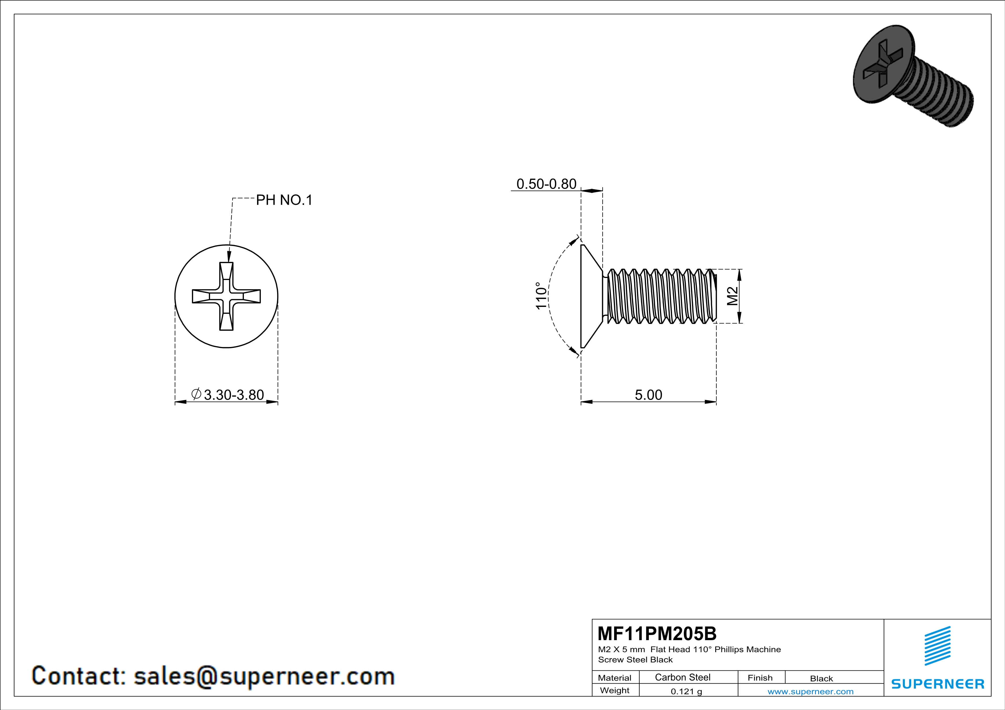 M2 x 5 mm Flat Head 110° Phillips Machine Screw Steel Black