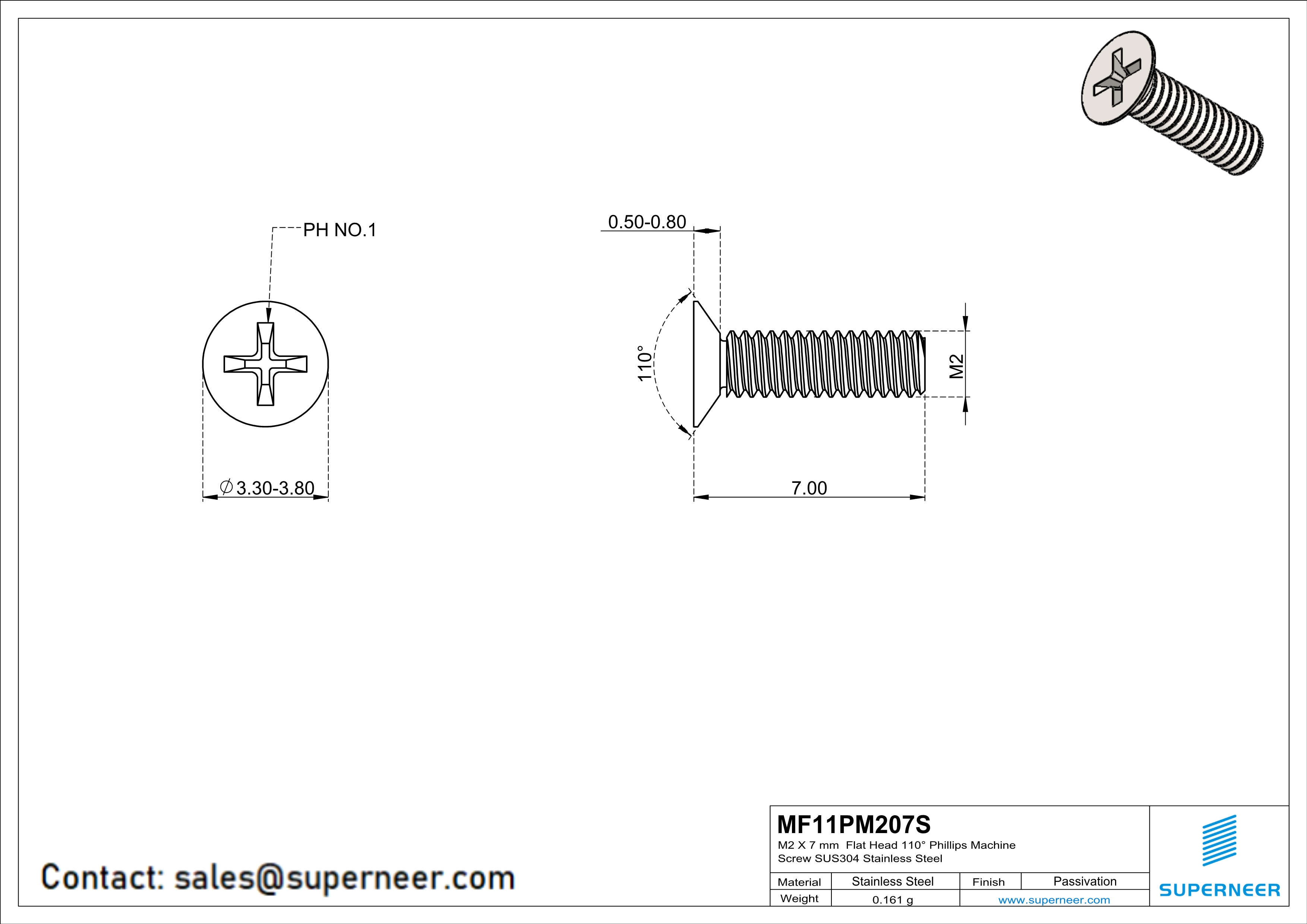 M2 x 7 mm  Flat Head 110° Phillips Machine Screw SUS304 Stainless Steel Inox