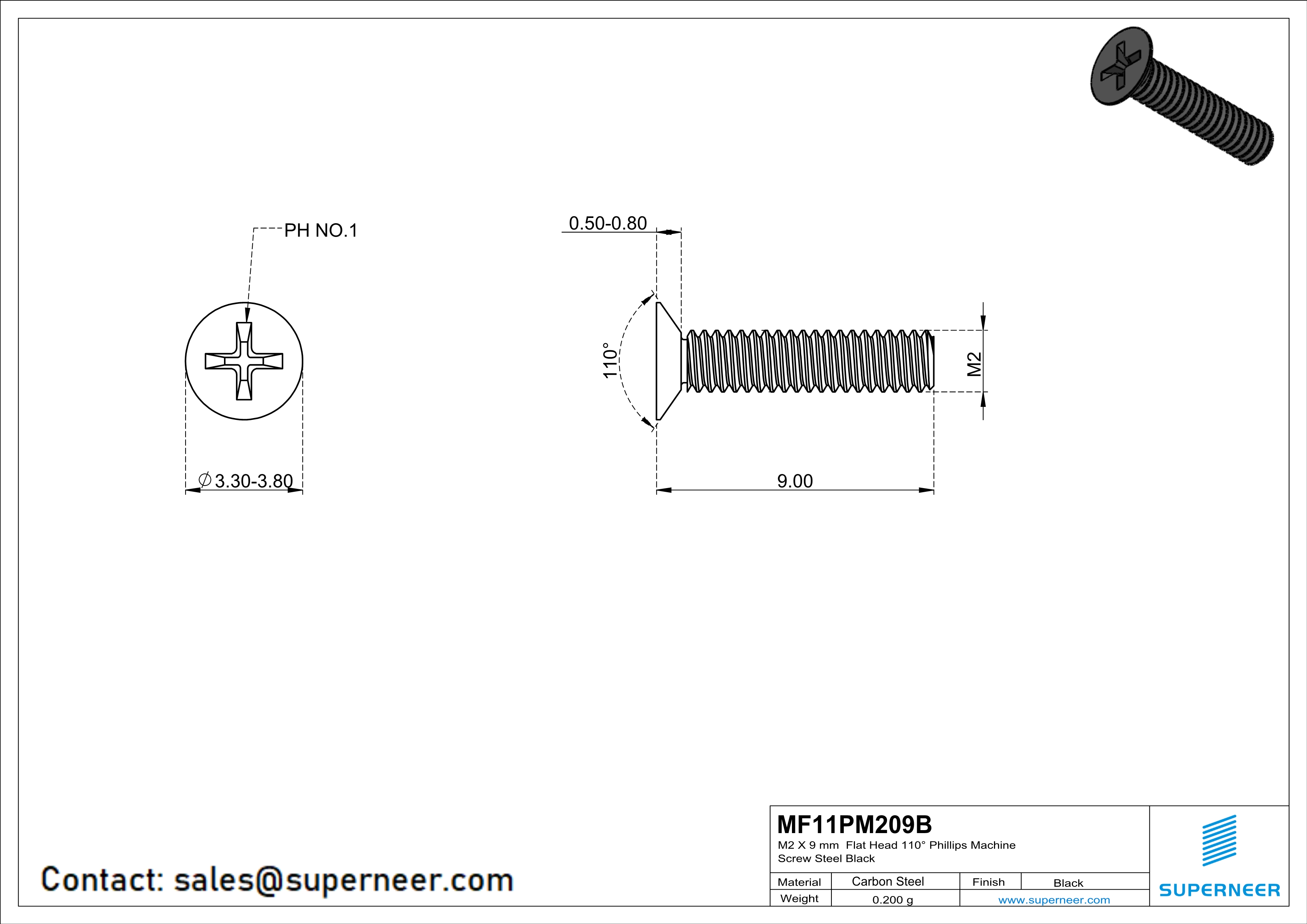 M2 x 9 mm Flat Head 110° Phillips Machine Screw Steel Black