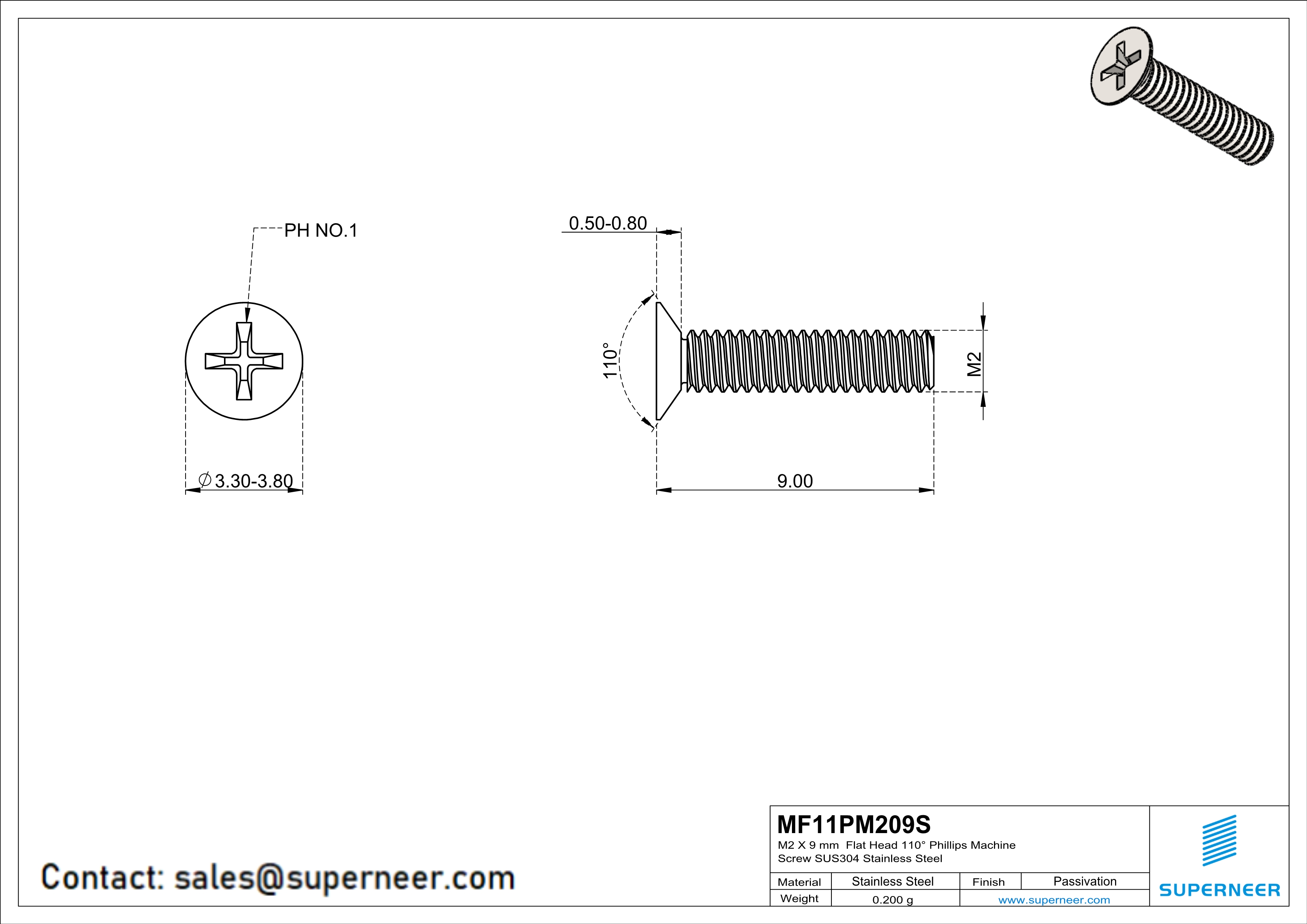 M2 x 9 mm  Flat Head 110° Phillips Machine Screw SUS304 Stainless Steel Inox