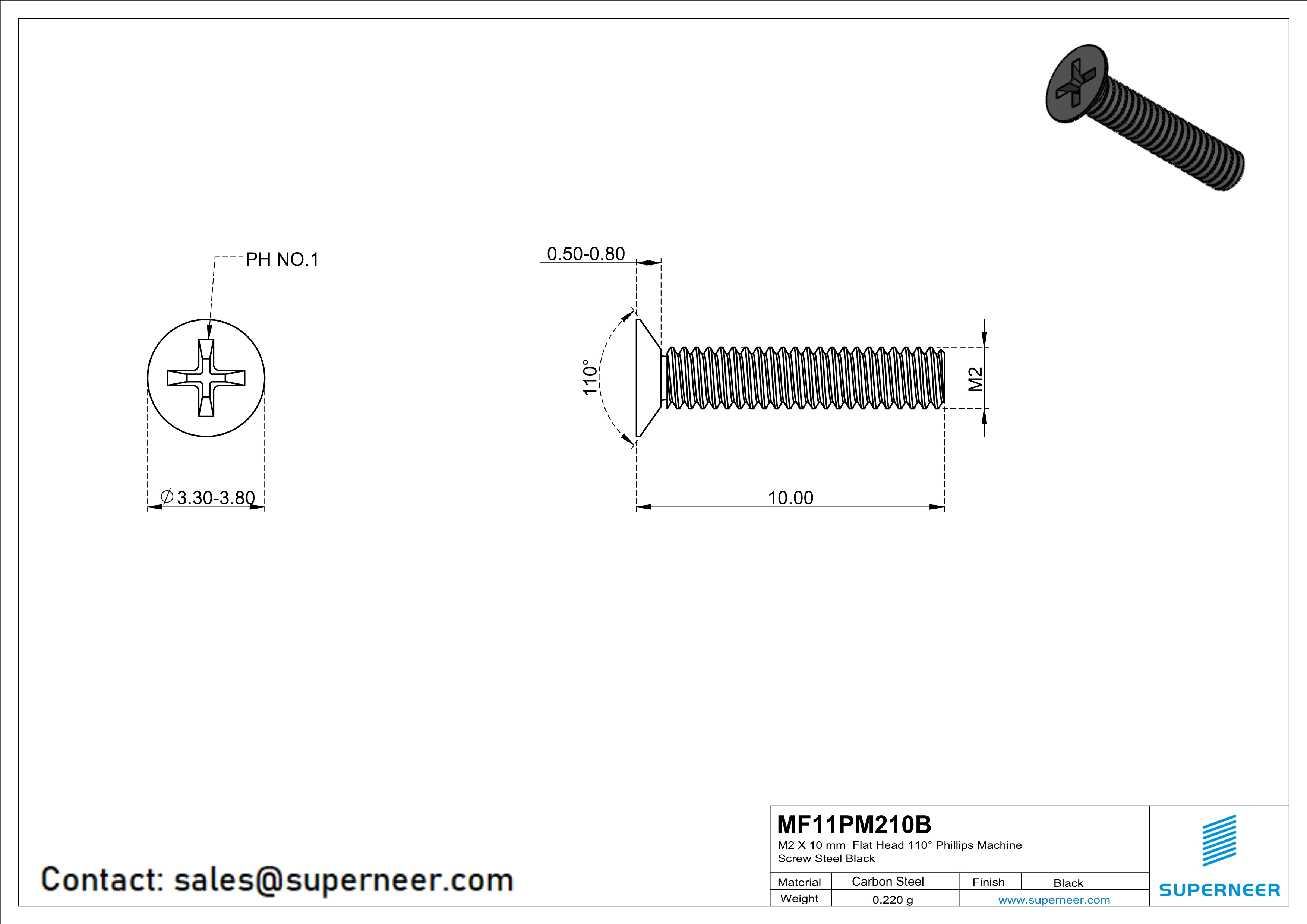 M2 x 10 mm Flat Head 110° Phillips Machine Screw Steel Black