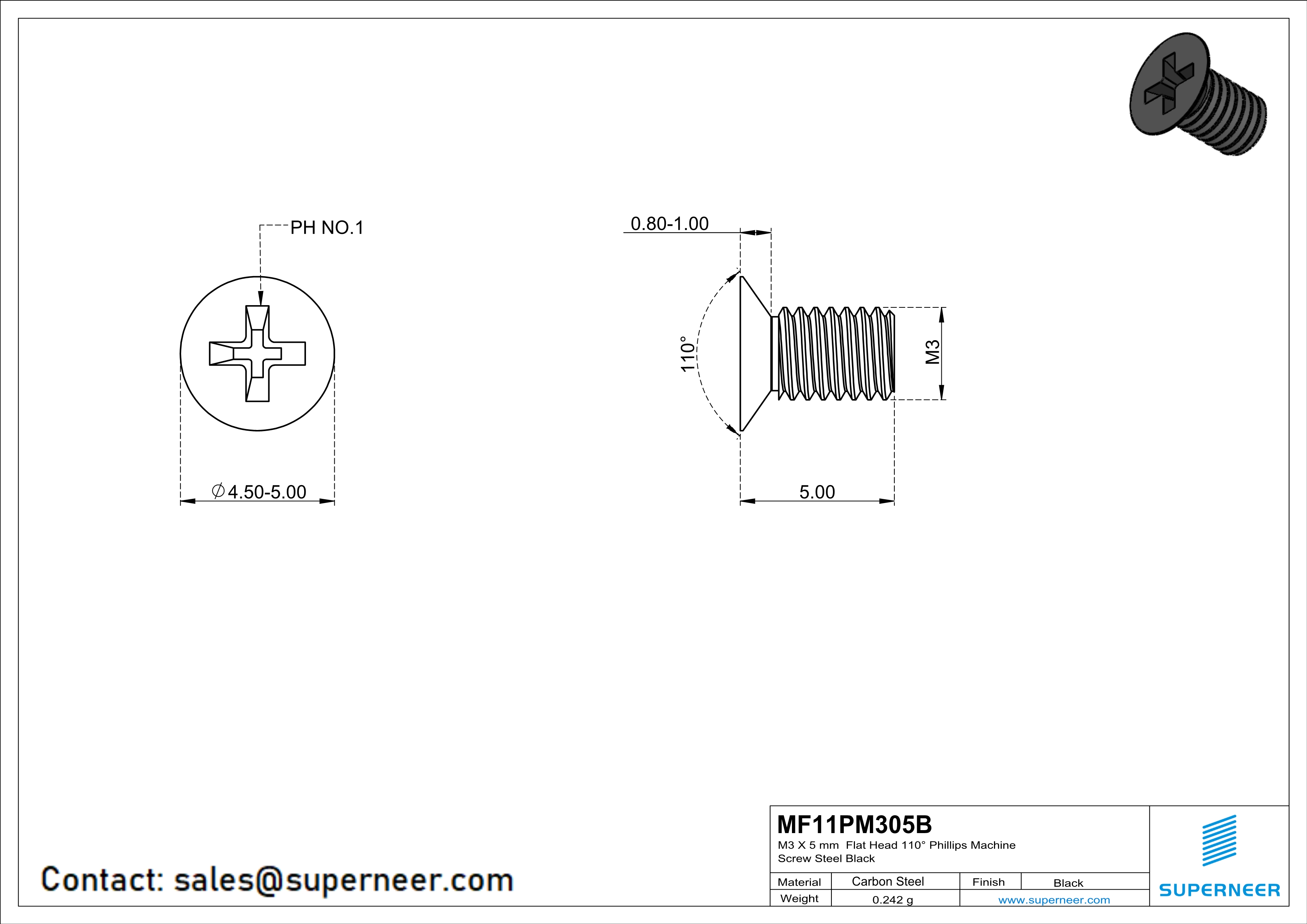 M3 x 5 mm Flat Head 110° Phillips Machine Screw Steel Black