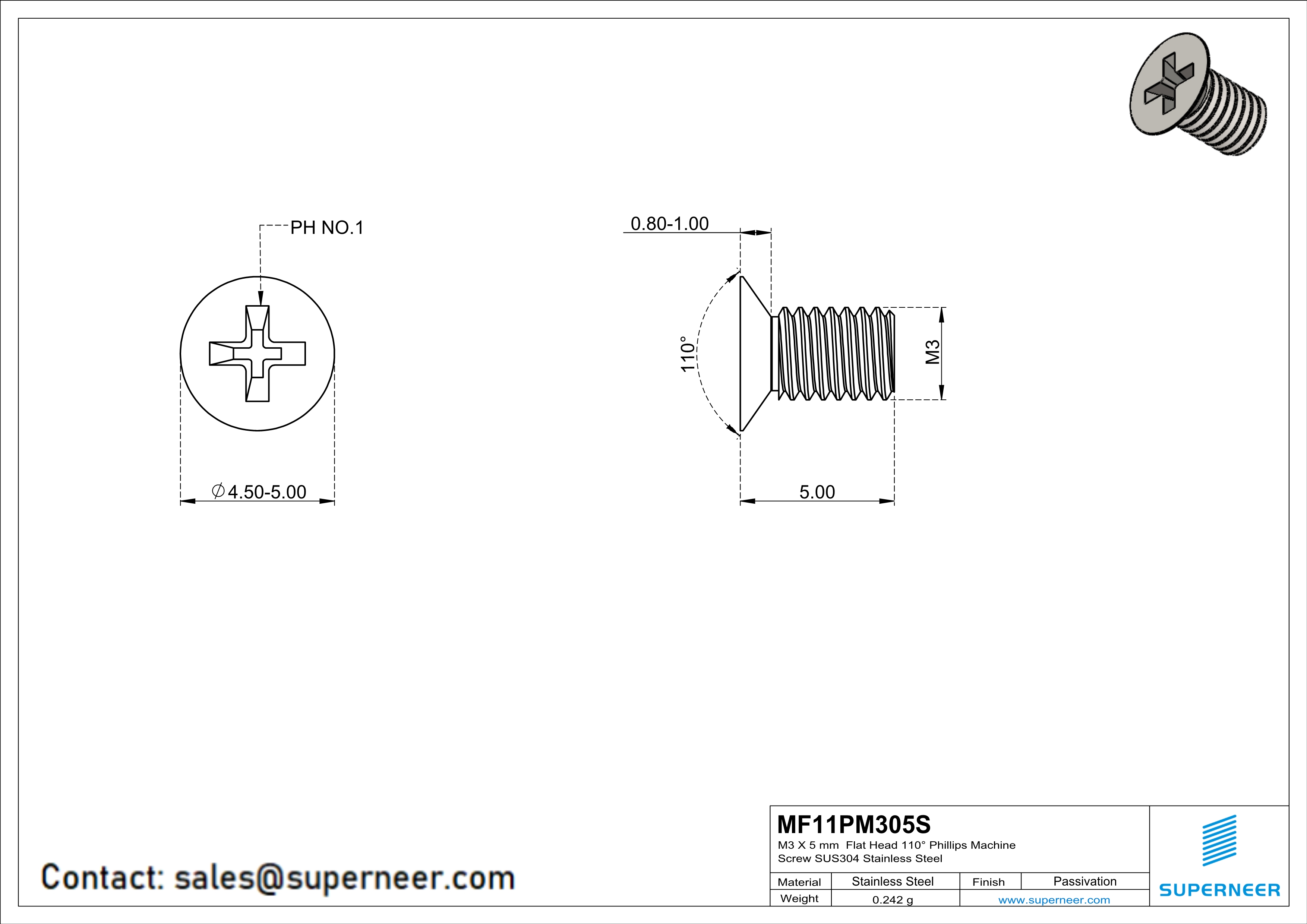 M3 x 5 mm  Flat Head 110° Phillips Machine Screw SUS304 Stainless Steel Inox