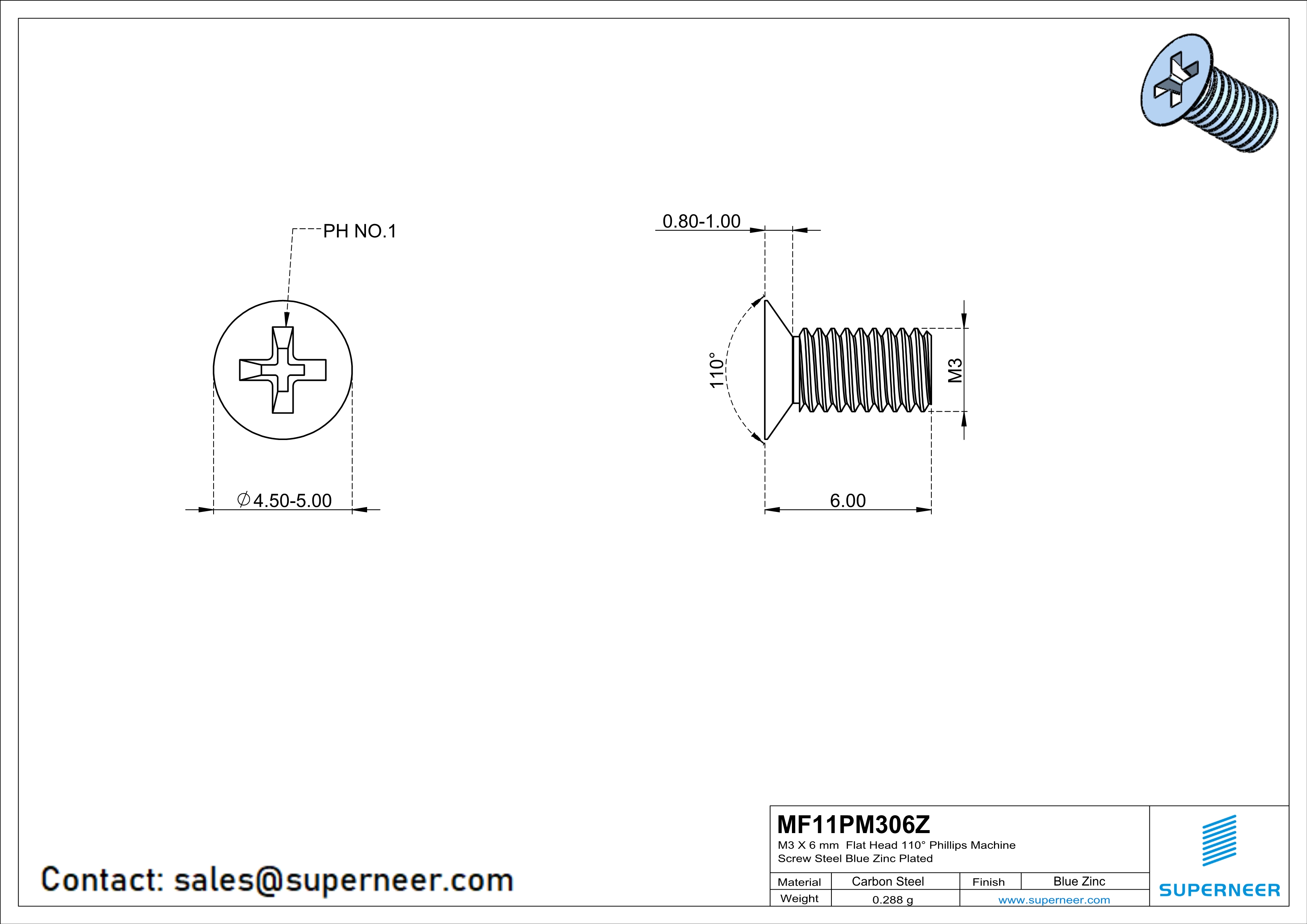 M3 x 6 mm Flat Head 110° Phillips Machine Screw Steel Blue Zinc Plated