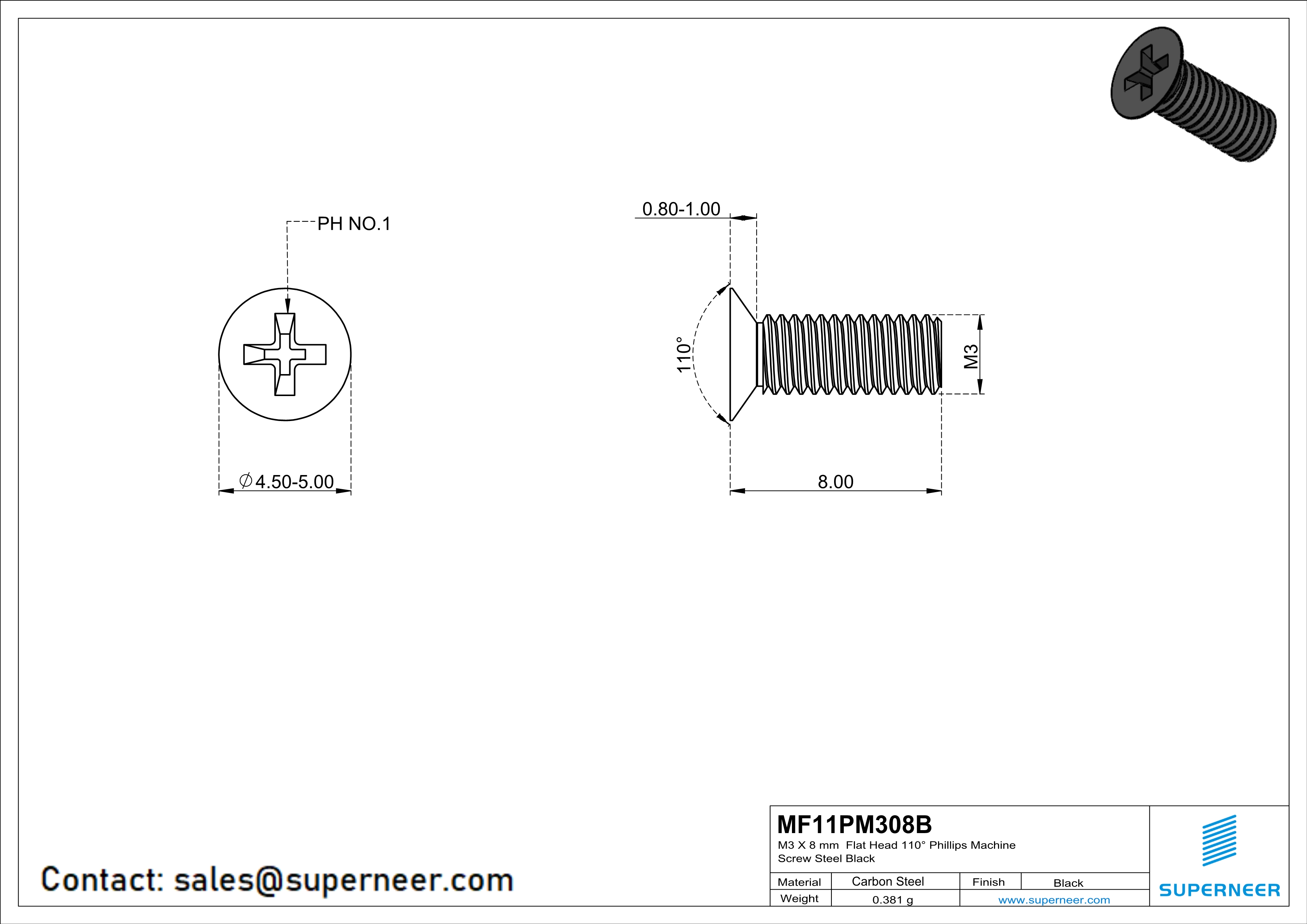 M3 x 8 mm Flat Head 110° Phillips Machine Screw Steel Black