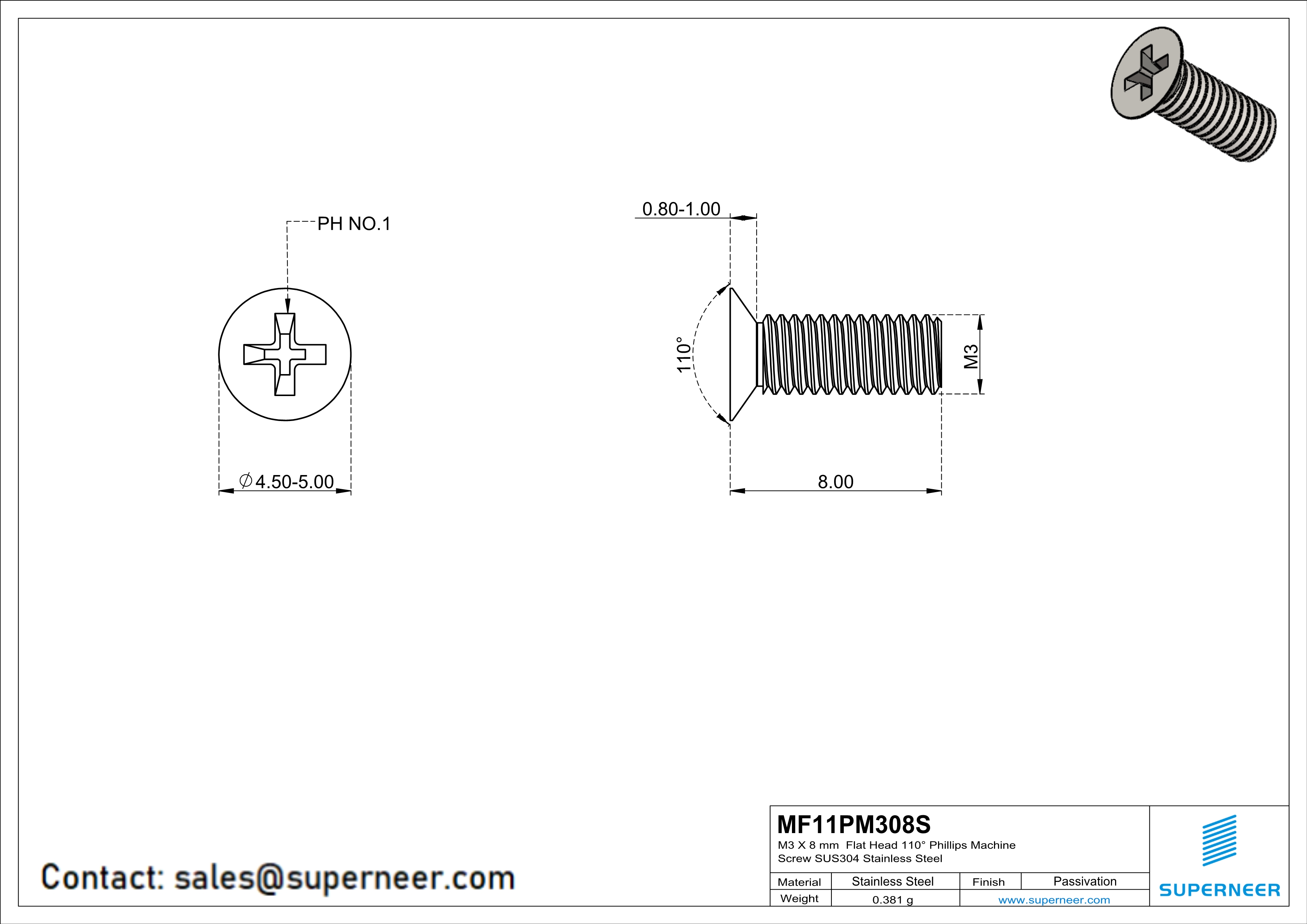 M3 x 8 mm  Flat Head 110° Phillips Machine Screw SUS304 Stainless Steel Inox