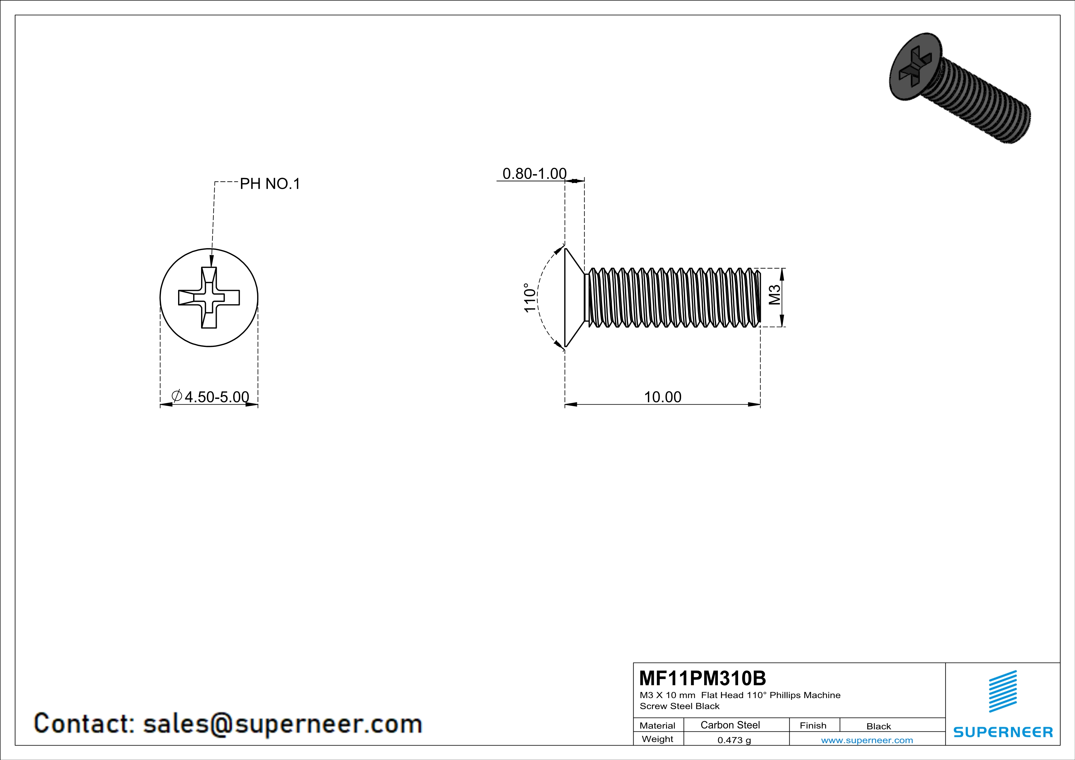 M3 x 10 mm Flat Head 110° Phillips Machine Screw Steel Black