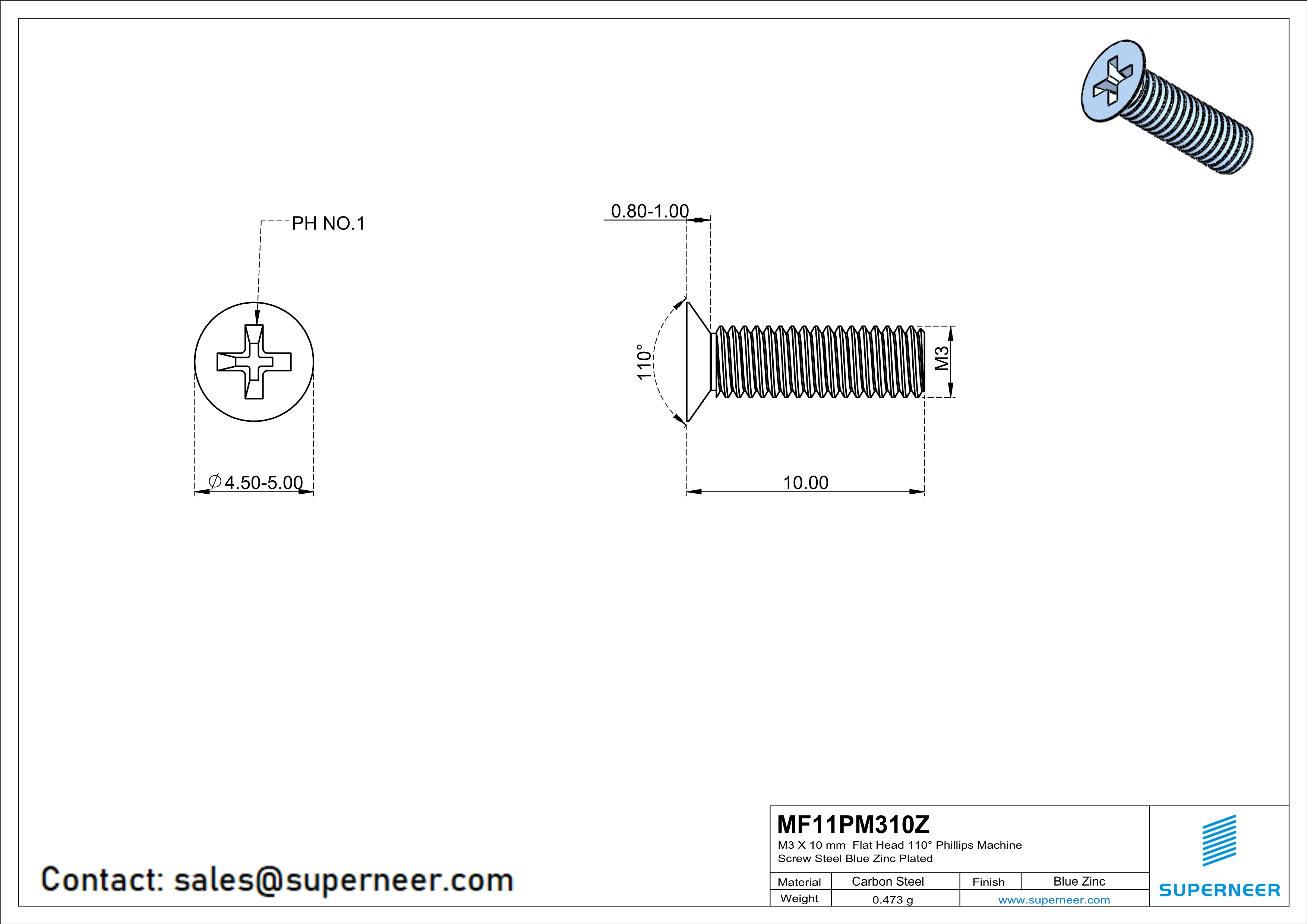 M3 x 10 mm Flat Head 110° Phillips Machine Screw Steel Blue Zinc Plated