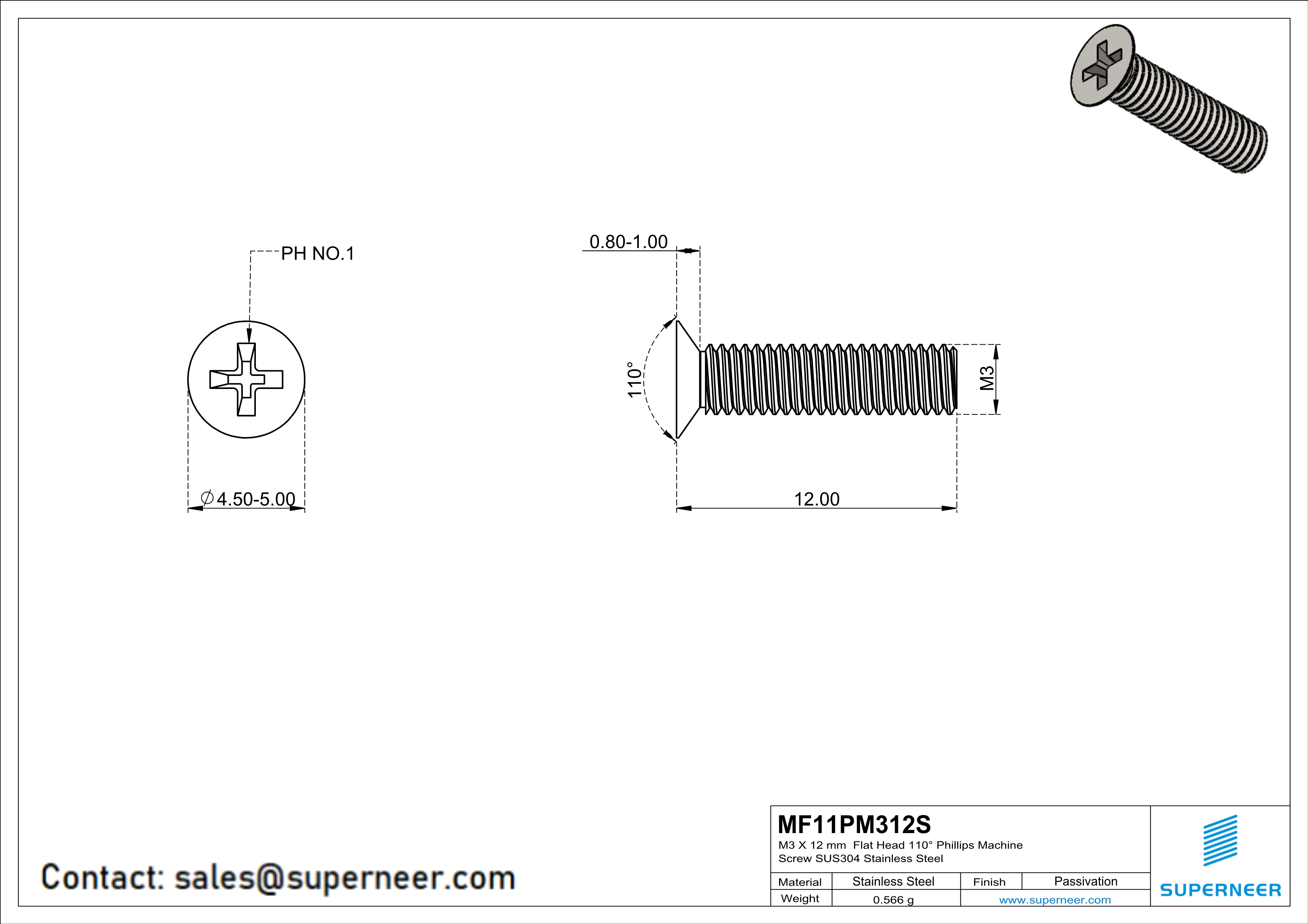 M3 x 12 mm  Flat Head 110° Phillips Machine Screw SUS304 Stainless Steel Inox