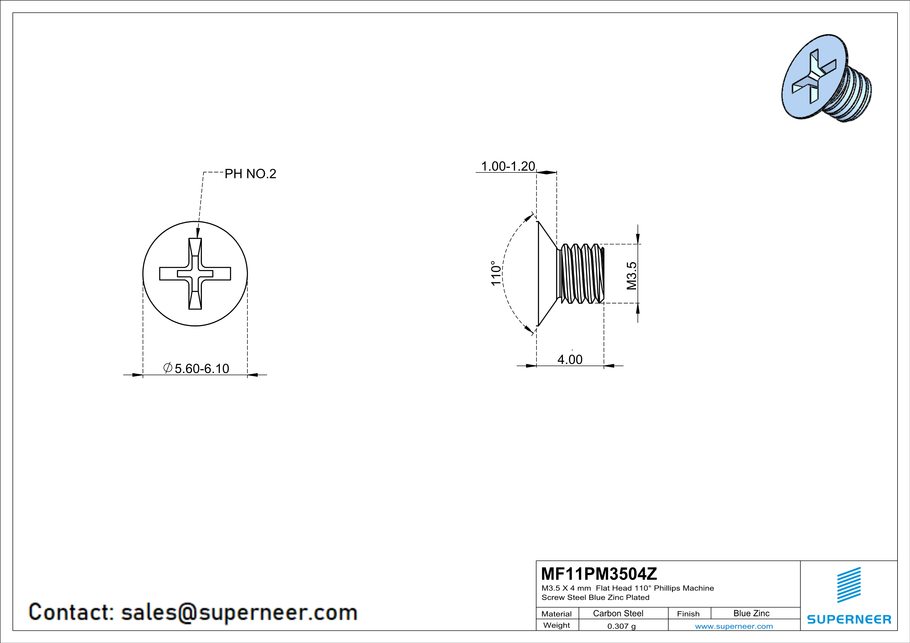M3.5 x 4 mm Flat Head 110° Phillips Machine Screw Steel Blue Zinc Plated