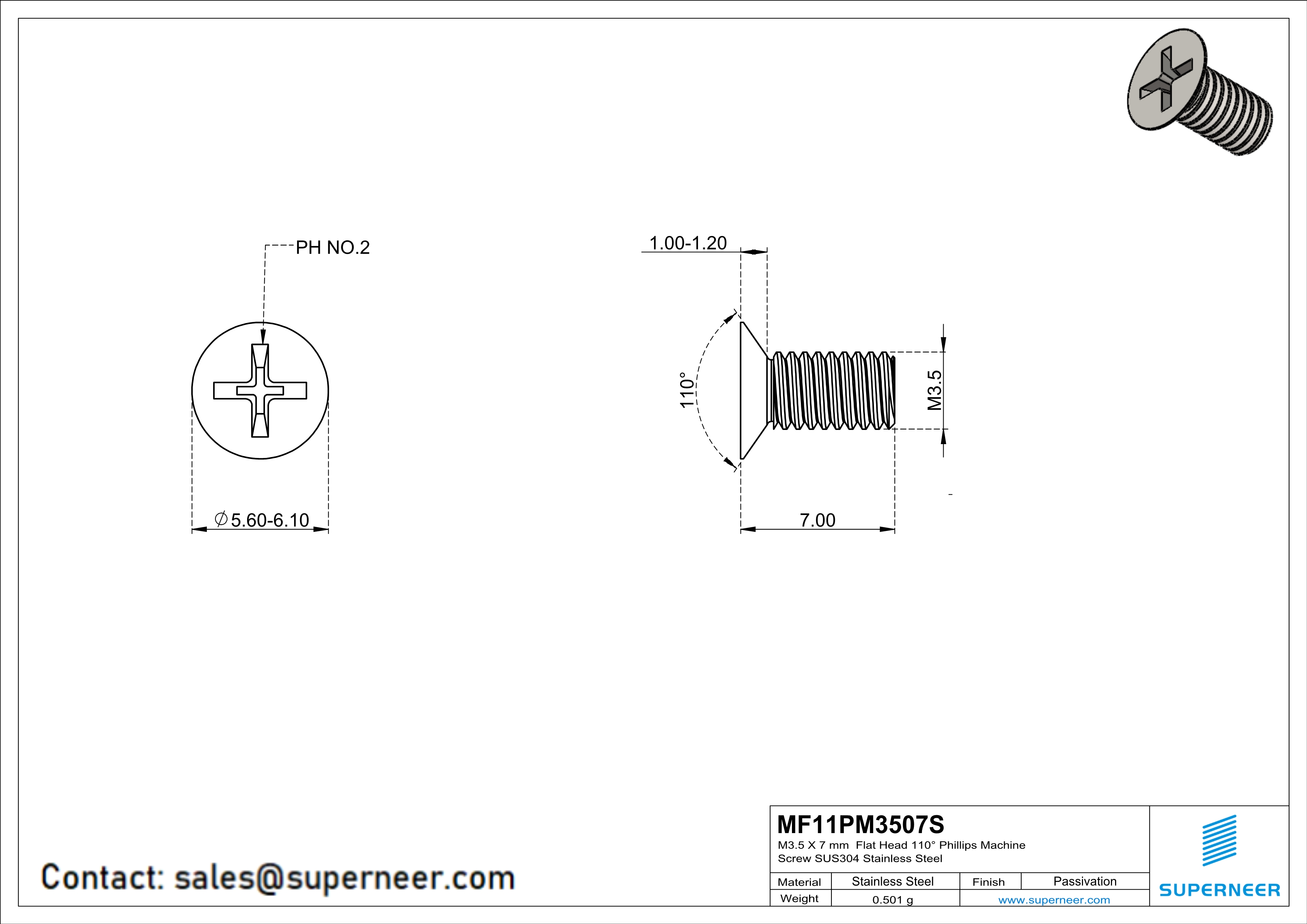 M3.5 x 7 mm  Flat Head 110° Phillips Machine Screw SUS304 Stainless Steel Inox