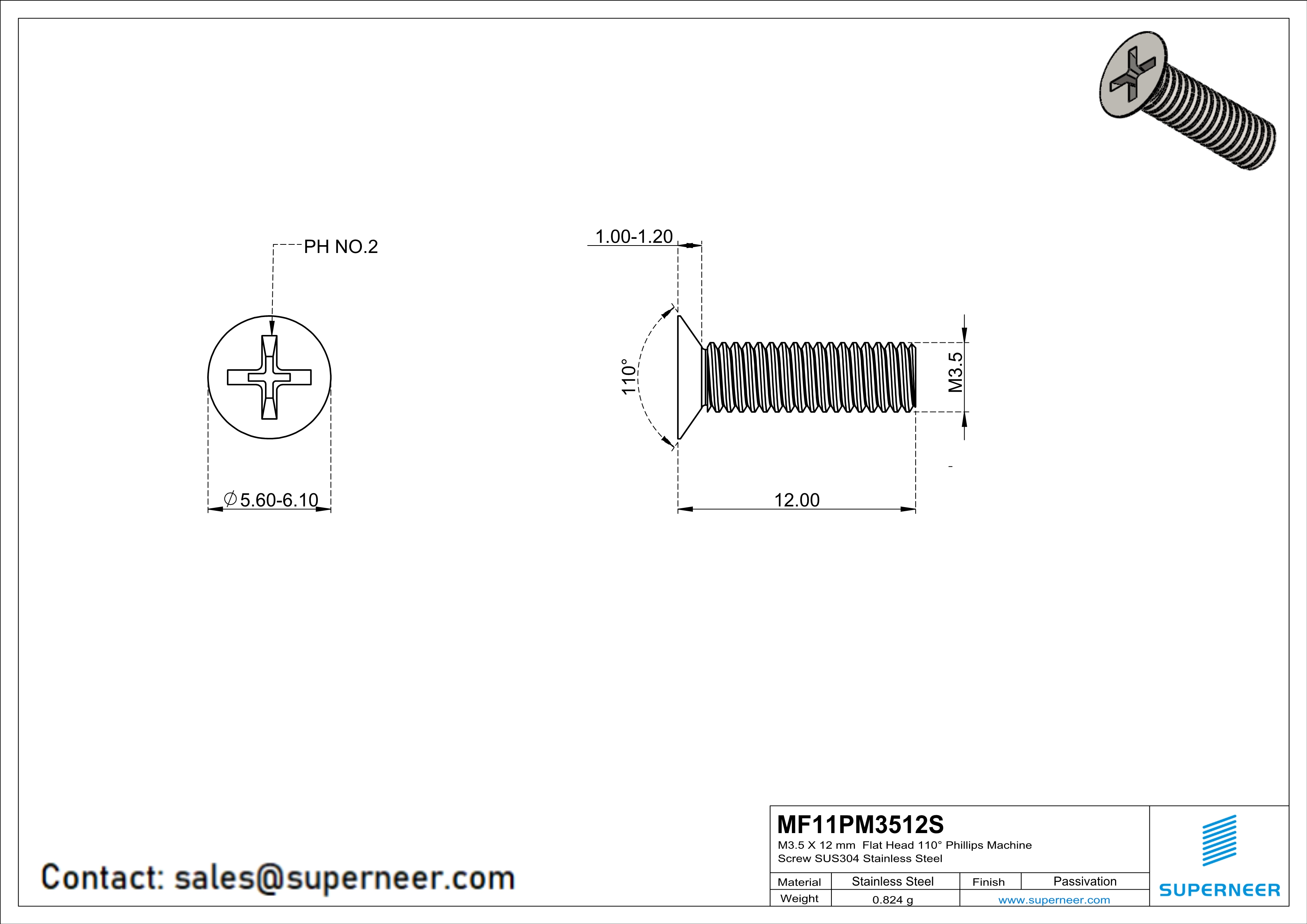 M3.5 x 12 mm  Flat Head 110° Phillips Machine Screw SUS304 Stainless Steel Inox