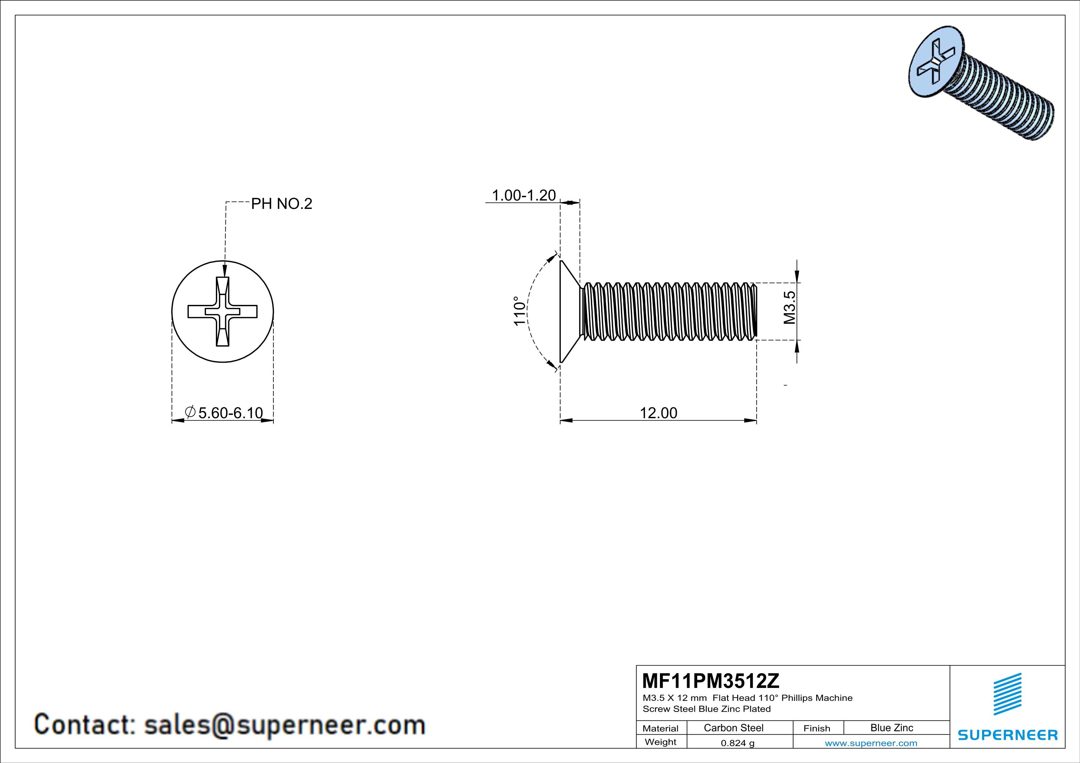 M3.5 x 12 mm Flat Head 110° Phillips Machine Screw Steel Blue Zinc Plated