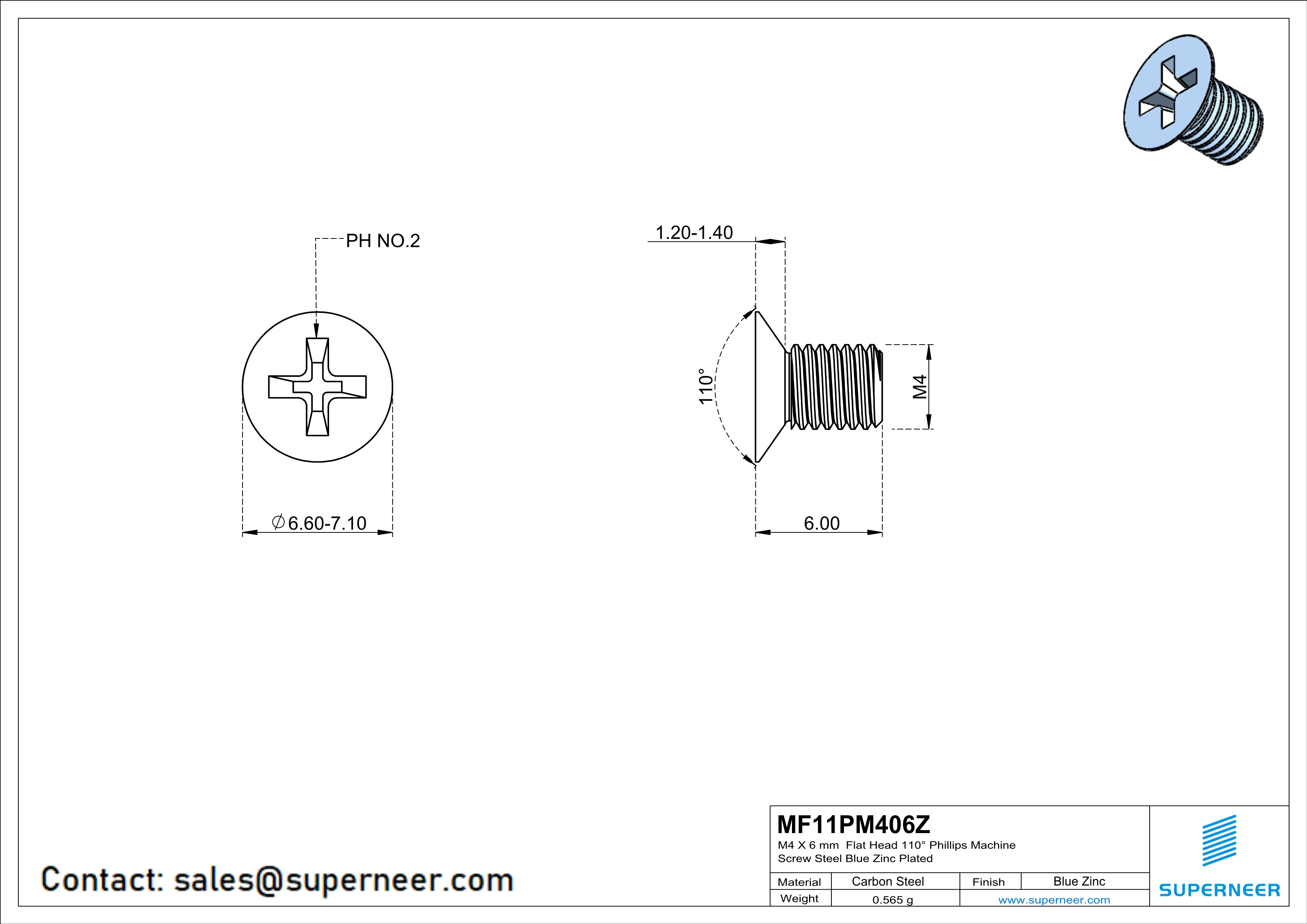 M4 x 6 mm Flat Head 110° Phillips Machine Screw Steel Blue Zinc Plated