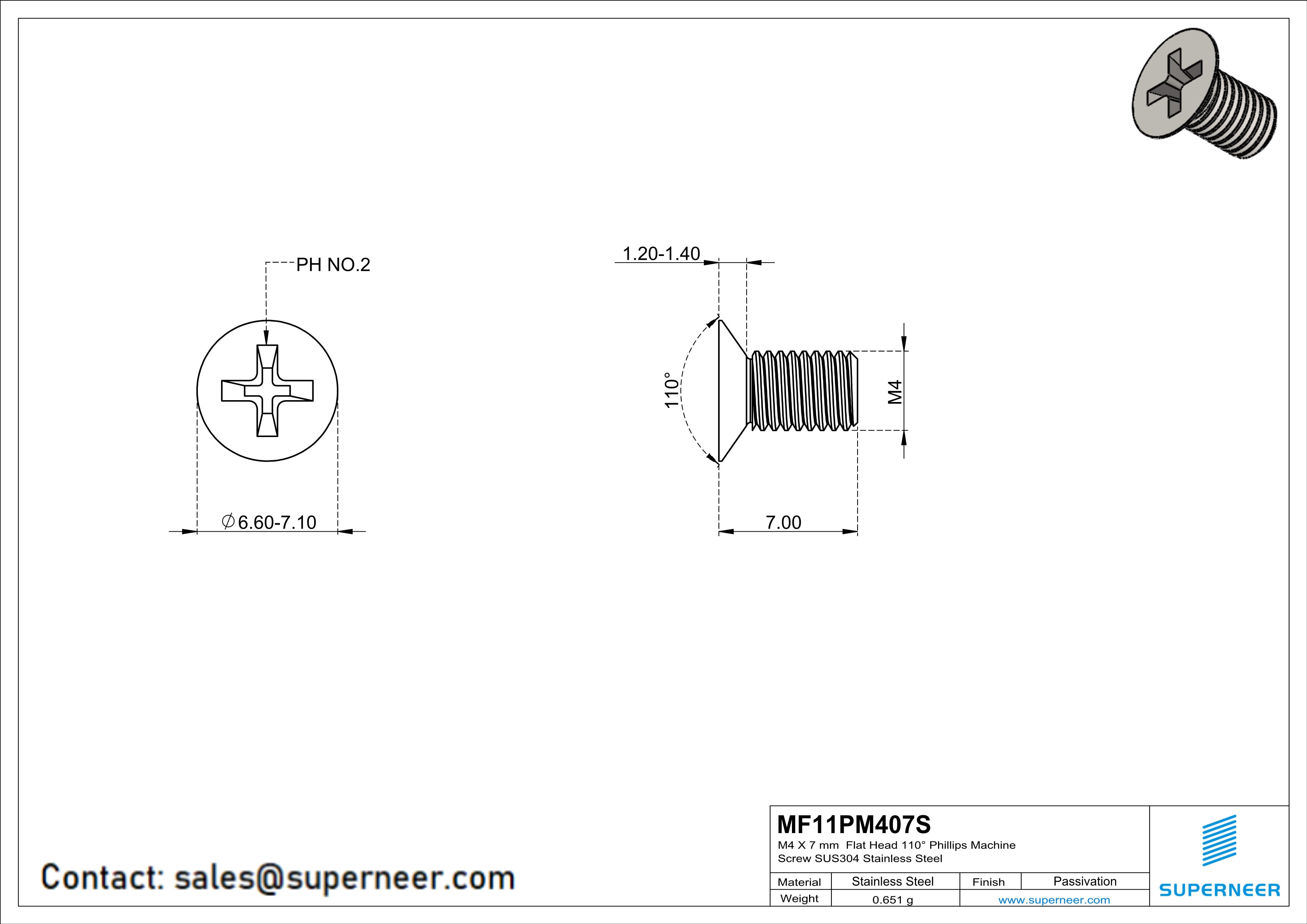 M4 x 7 mm  Flat Head 110° Phillips Machine Screw SUS304 Stainless Steel Inox