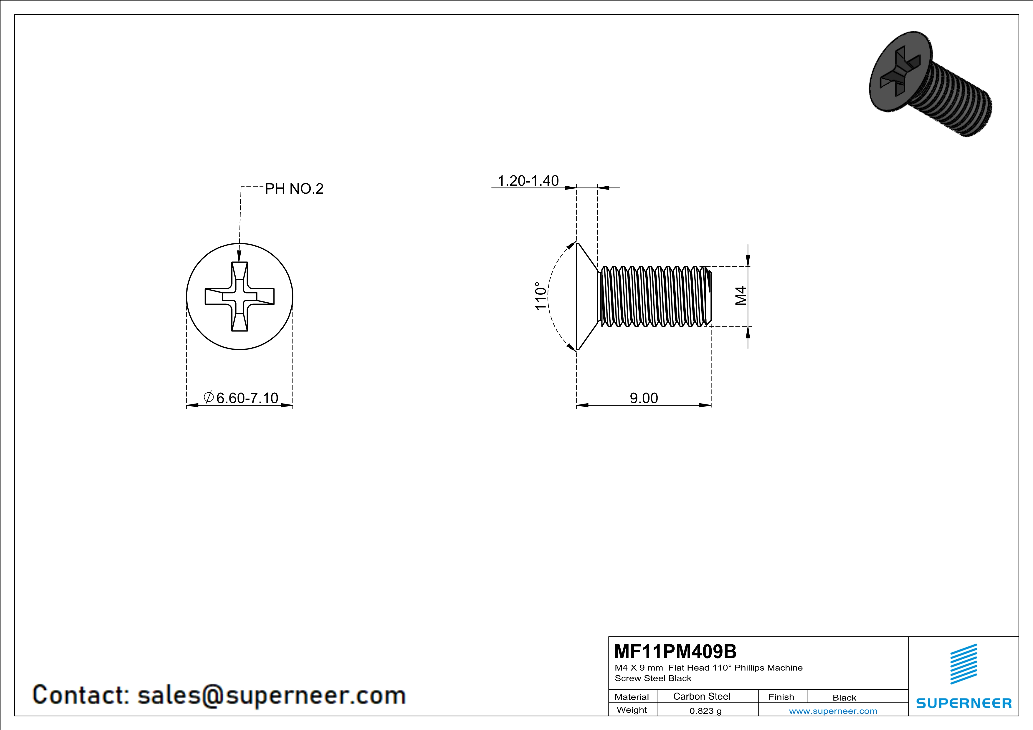 M4 x 9 mm Flat Head 110° Phillips Machine Screw Steel Black