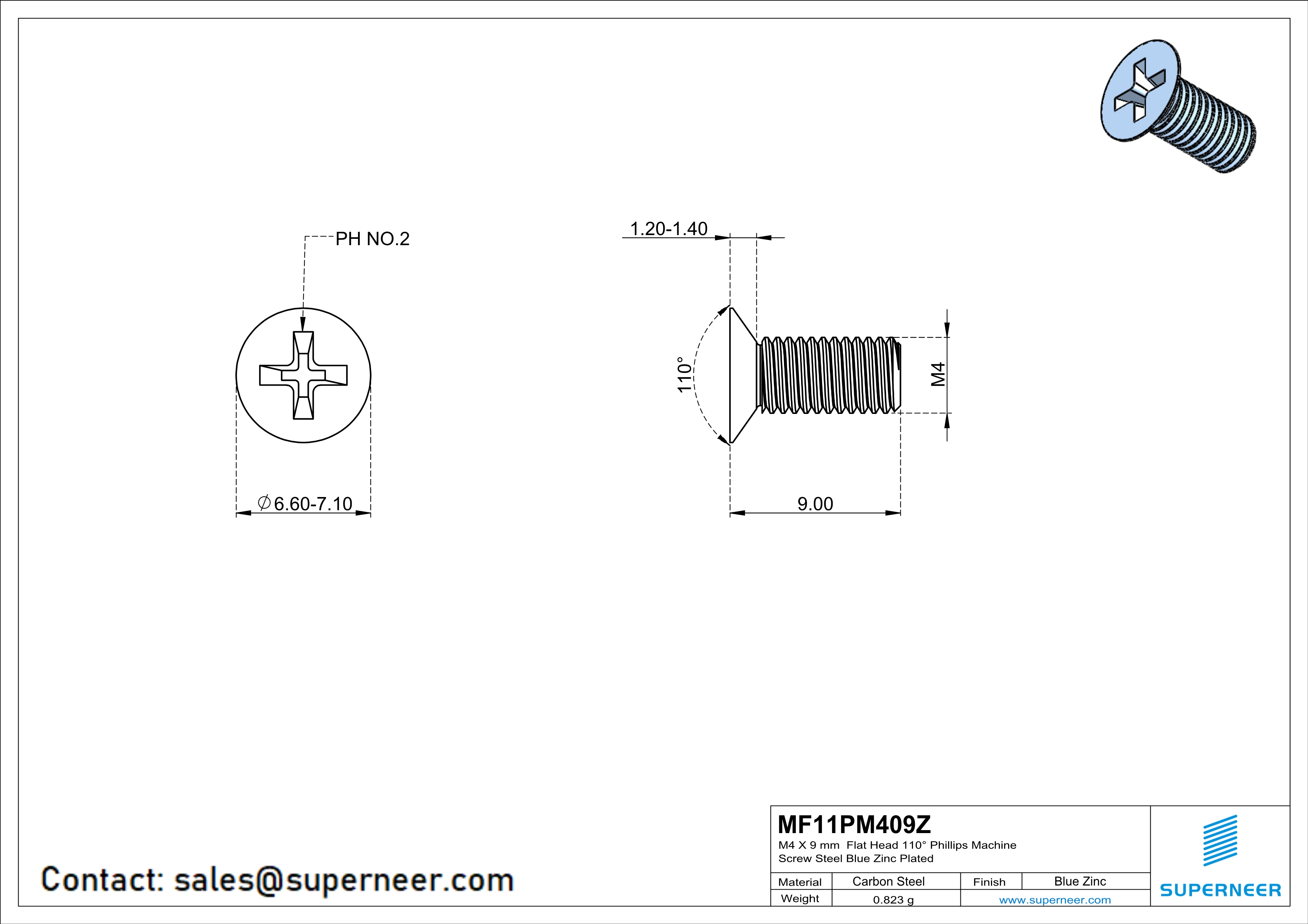 M4 x 9 mm Flat Head 110° Phillips Machine Screw Steel Blue Zinc Plated