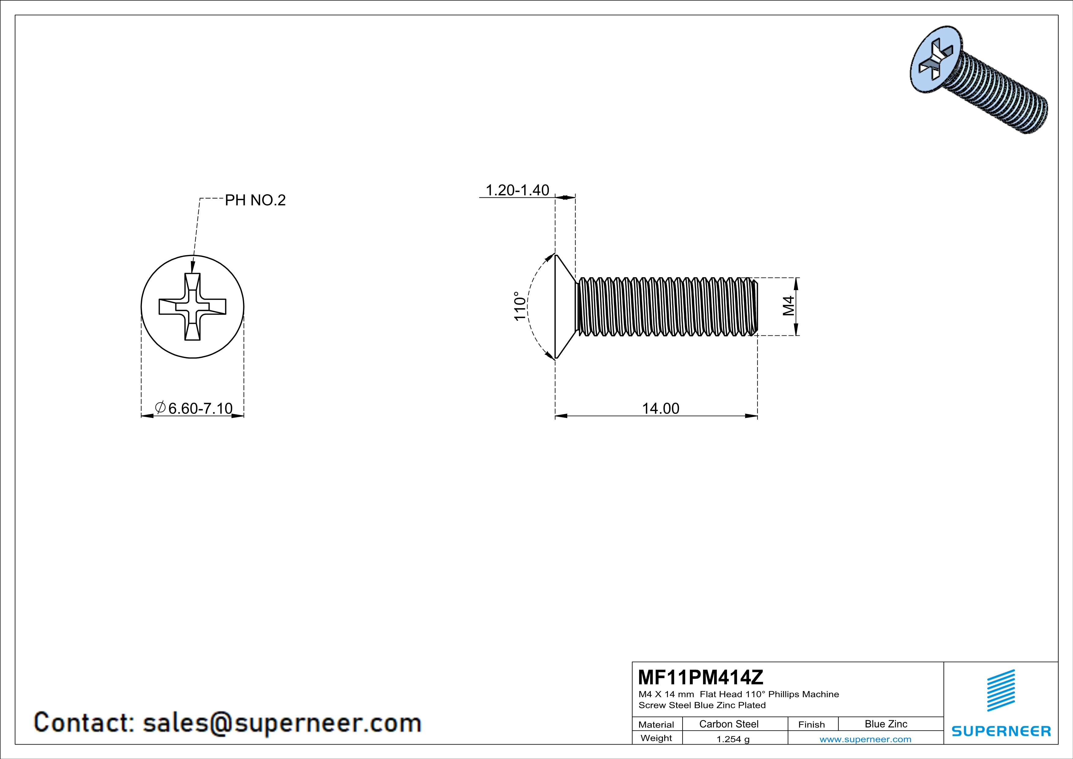 M4 x 14 mm Flat Head 110° Phillips Machine Screw Steel Blue Zinc Plated